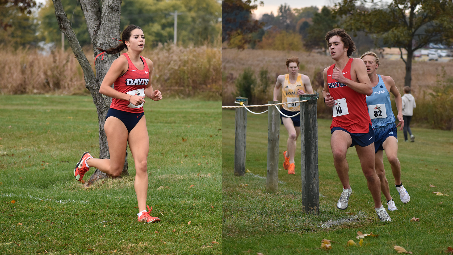 Left: Mia Gill runs at the Cross Country A-10 Championships all alone. Right: Alex Bendana runs with the pack at the Cross Country A-10 Championships