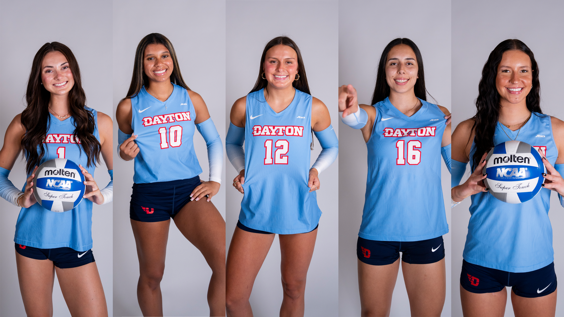 Kaleigh Meritt, Emily Harden, Rylee Sloss, Gabriela Machin Borges and Charlotte Vinson pose in chapel blue uniforms in front of a white background.