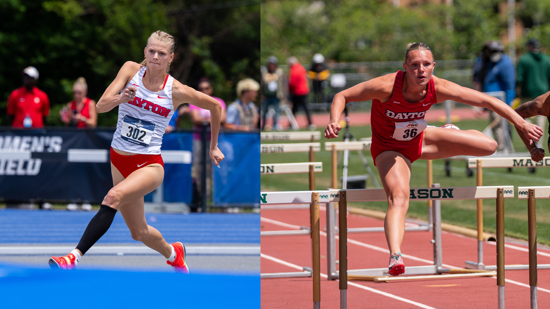 Camryn Thompson left gets ready to jump at the NCAA East First Round and Raegan Ersnt right clears a hurdle at the A-10 Championships