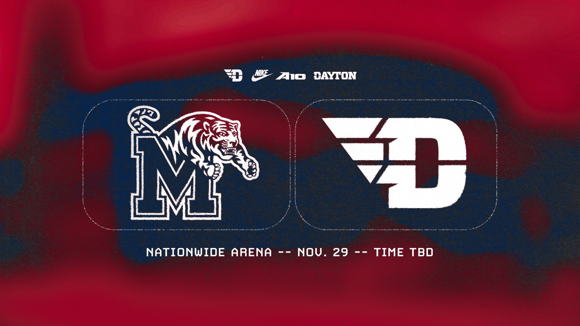 Graphic announcing a men's basketball matchup between the University of Dayton Flyers and the University of Memphis Tigers. The Memphis 