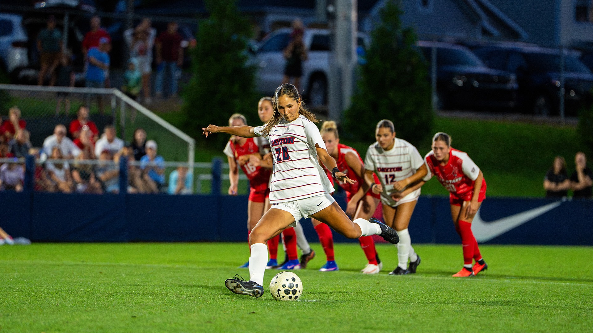 Dayton women's soccer player Olivia Baca takes a penalty kick against Ball State.
