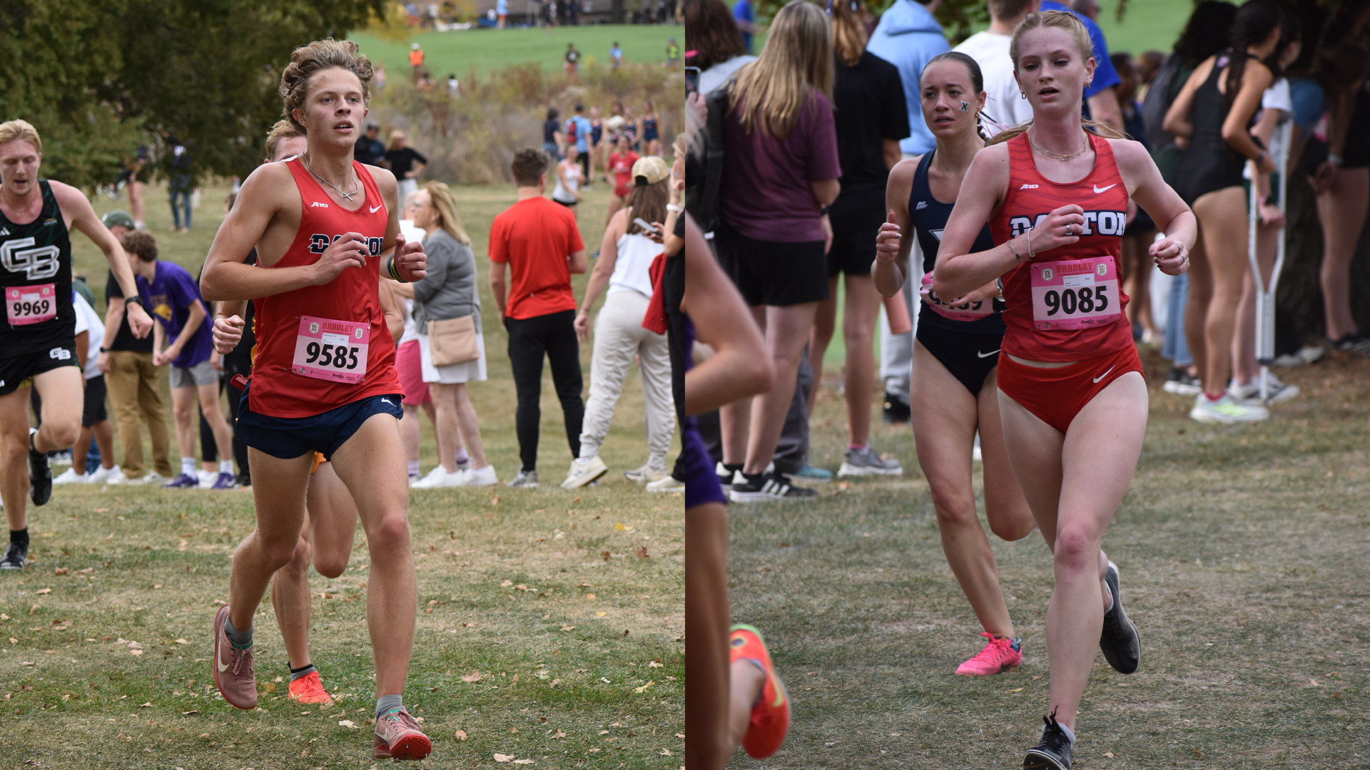Men's cross country racer on left of screen in red kit and women's cross country racer on right of screen in red kit 