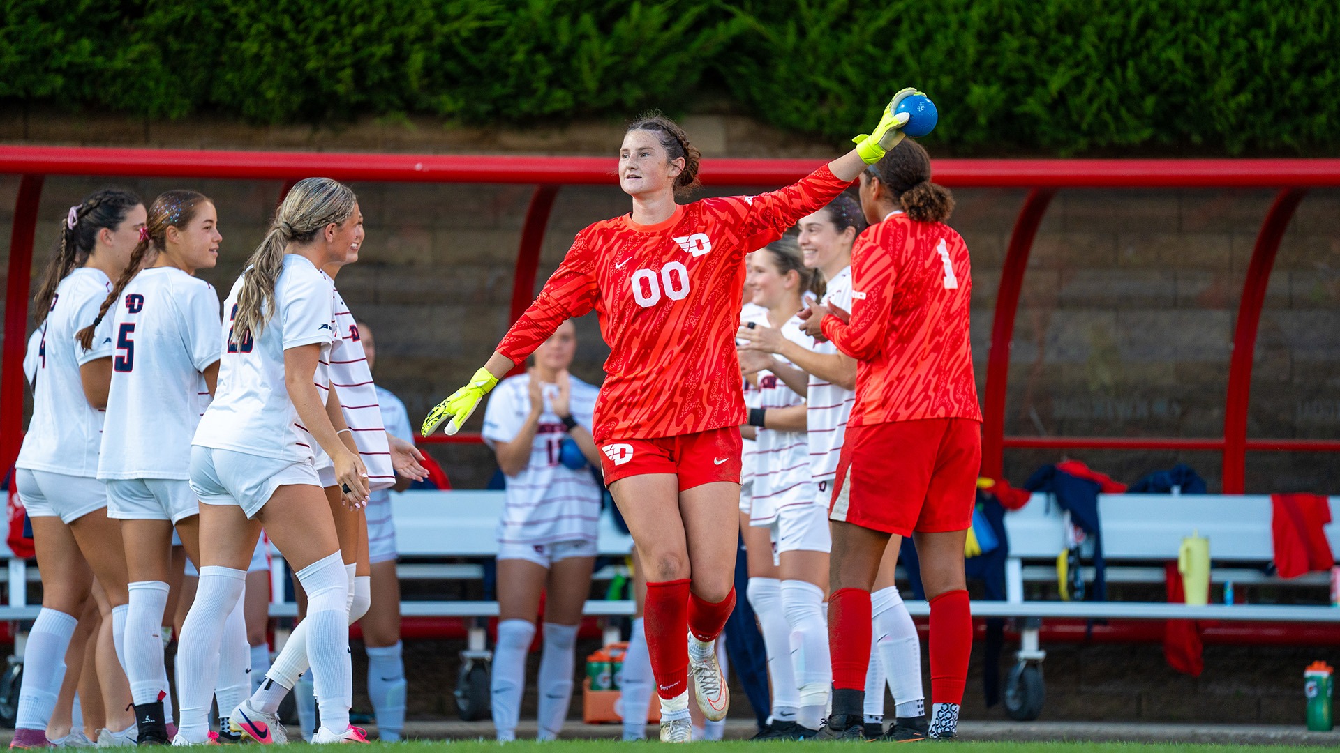 Dayton women's soccer keeper Kasey Cannistraro takes the field after being announced at Baujan Field.