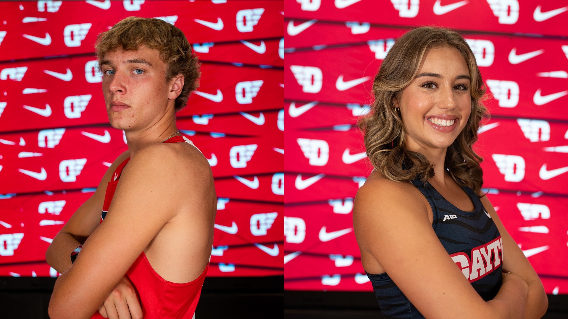 UDXC Jacob Reash on left in red arms crossed back to back with Ashlyn Chopra on right in navy blue Media Day 