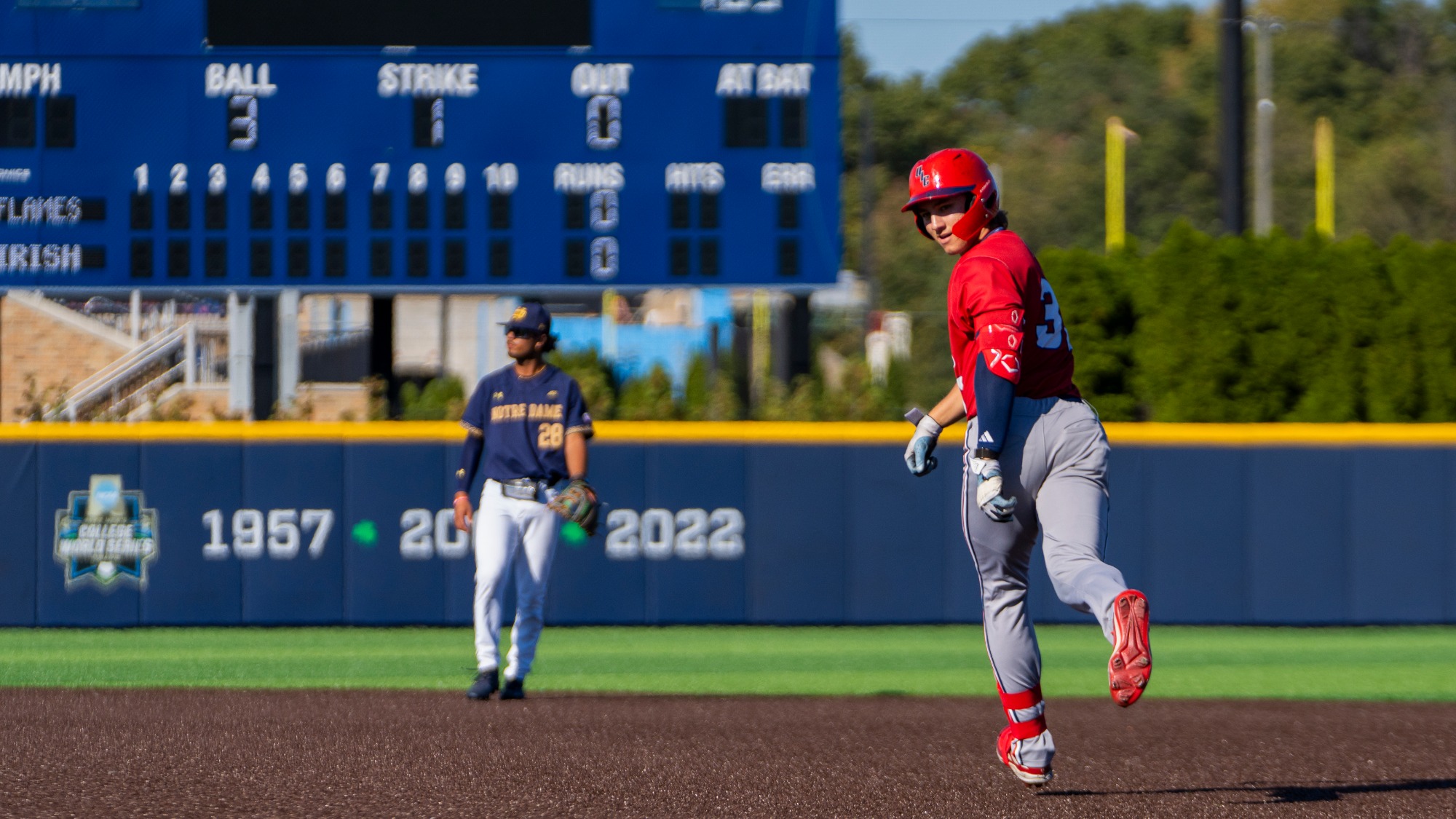 Andrew Pyszka rounds the bases after his home run at Jake Kline Field at Frank Eck Stadium on Sunday, October 12. 