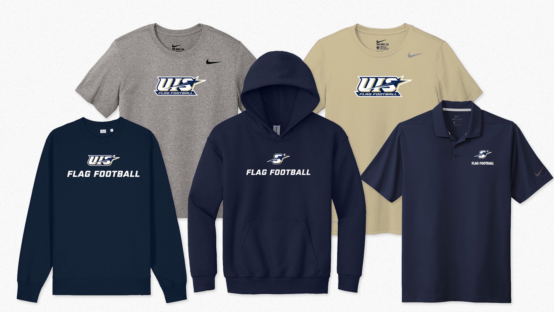 Images of various flag football gear including shirts, hoodie, and polo with UIS Flag Football logos