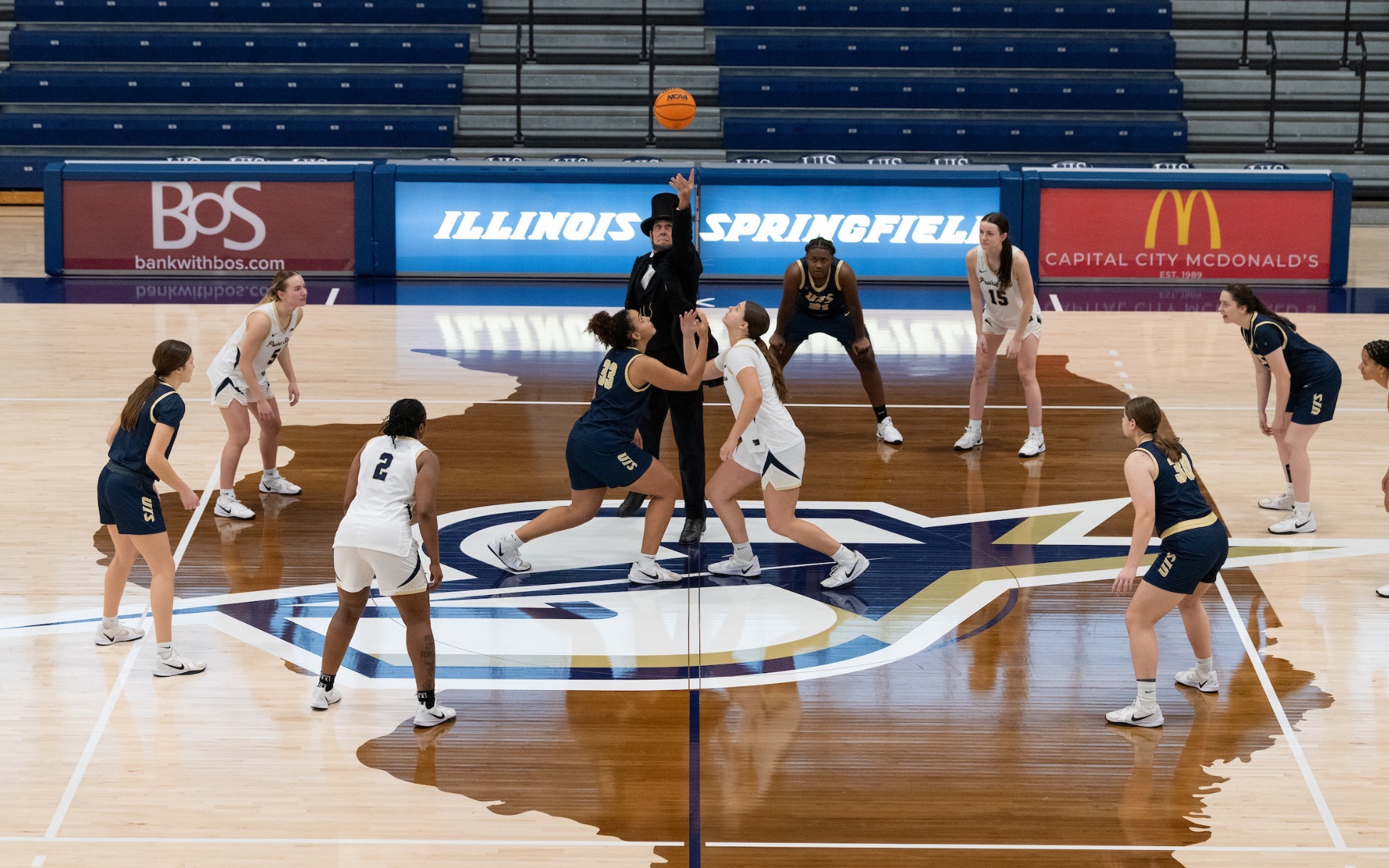 Abe Lincoln holds ball for UIS WBB tip-off photo