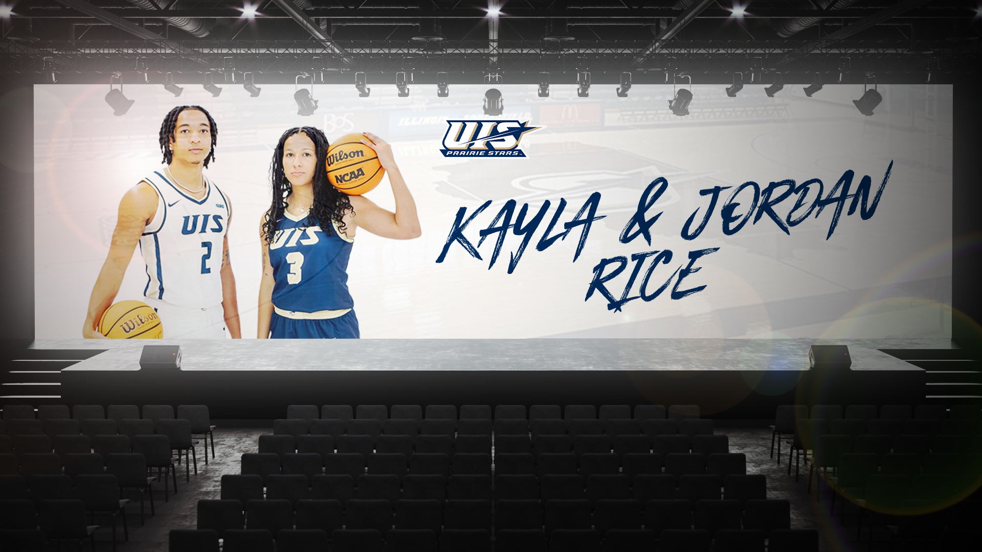 An edit of Kayla & Jordan Rice on the big screen at the front of a theater