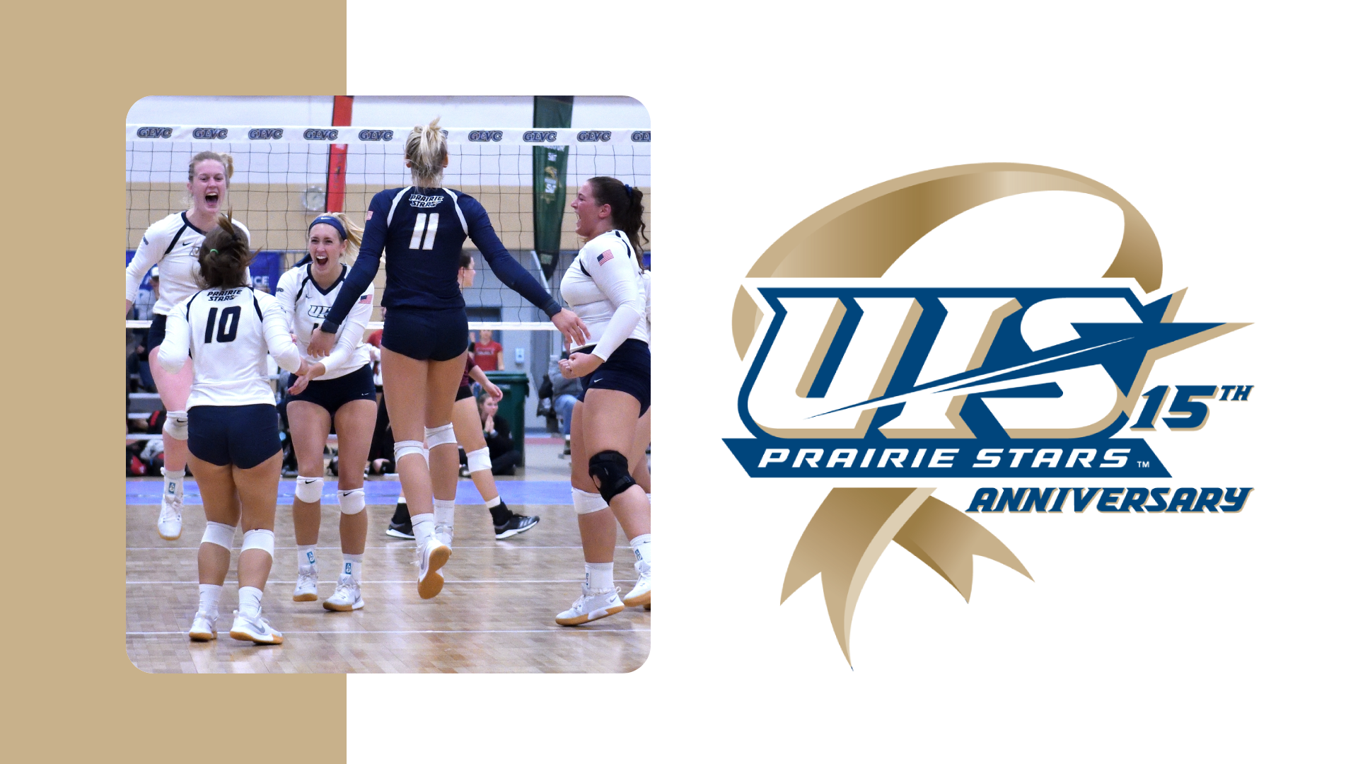 A photo of 2018 UIS Volleyball celebrating, 15 Years of NCAA DII Anniversary Series logo