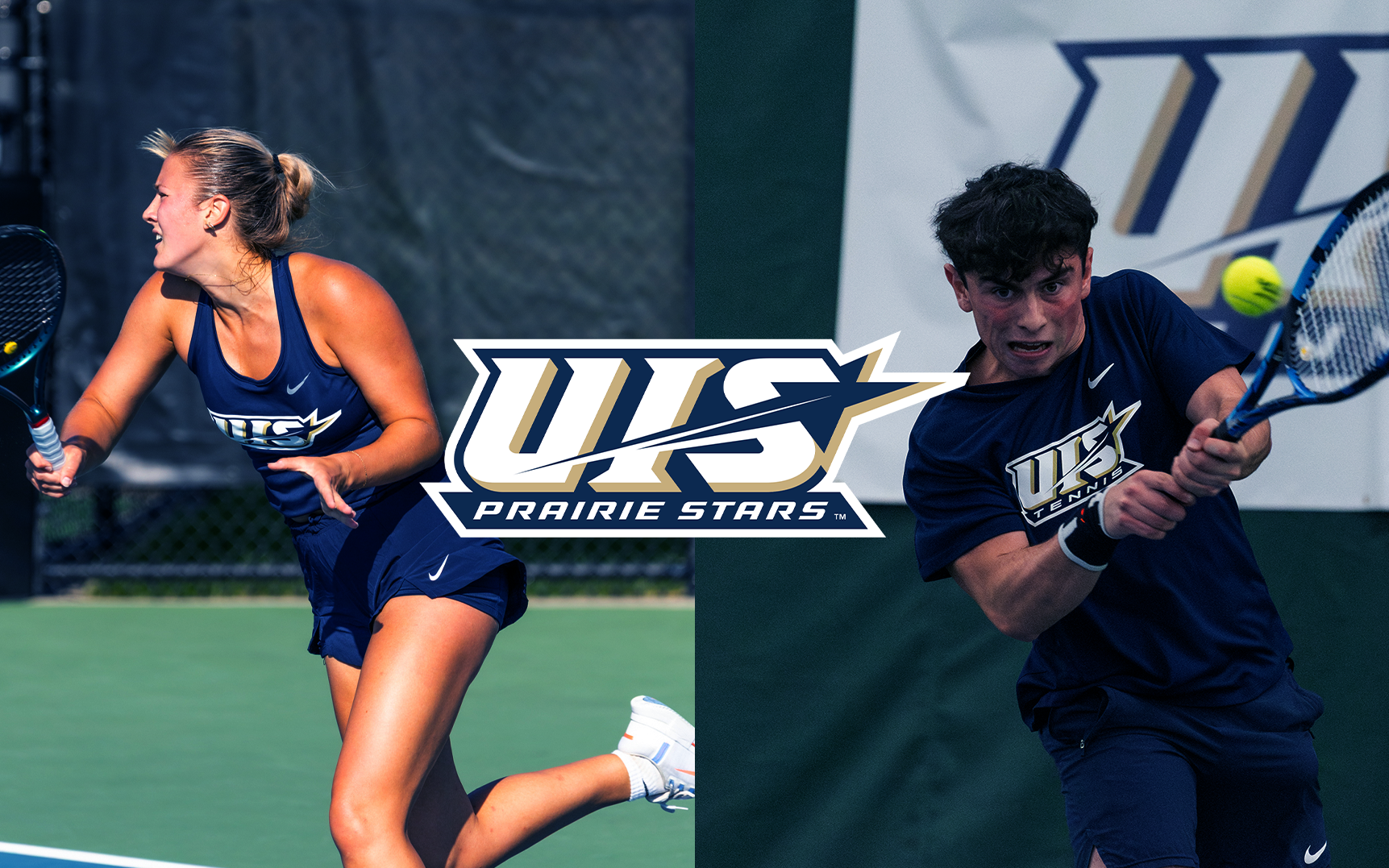 Photos of UIS tennis athletes and UIS Prairie Stars logo