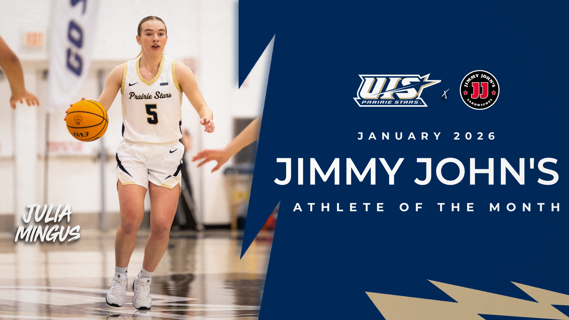 Julia Mingus playing basketball. The text: January 2026 Jimmy John's Athlete of the Month. Julia Mingus