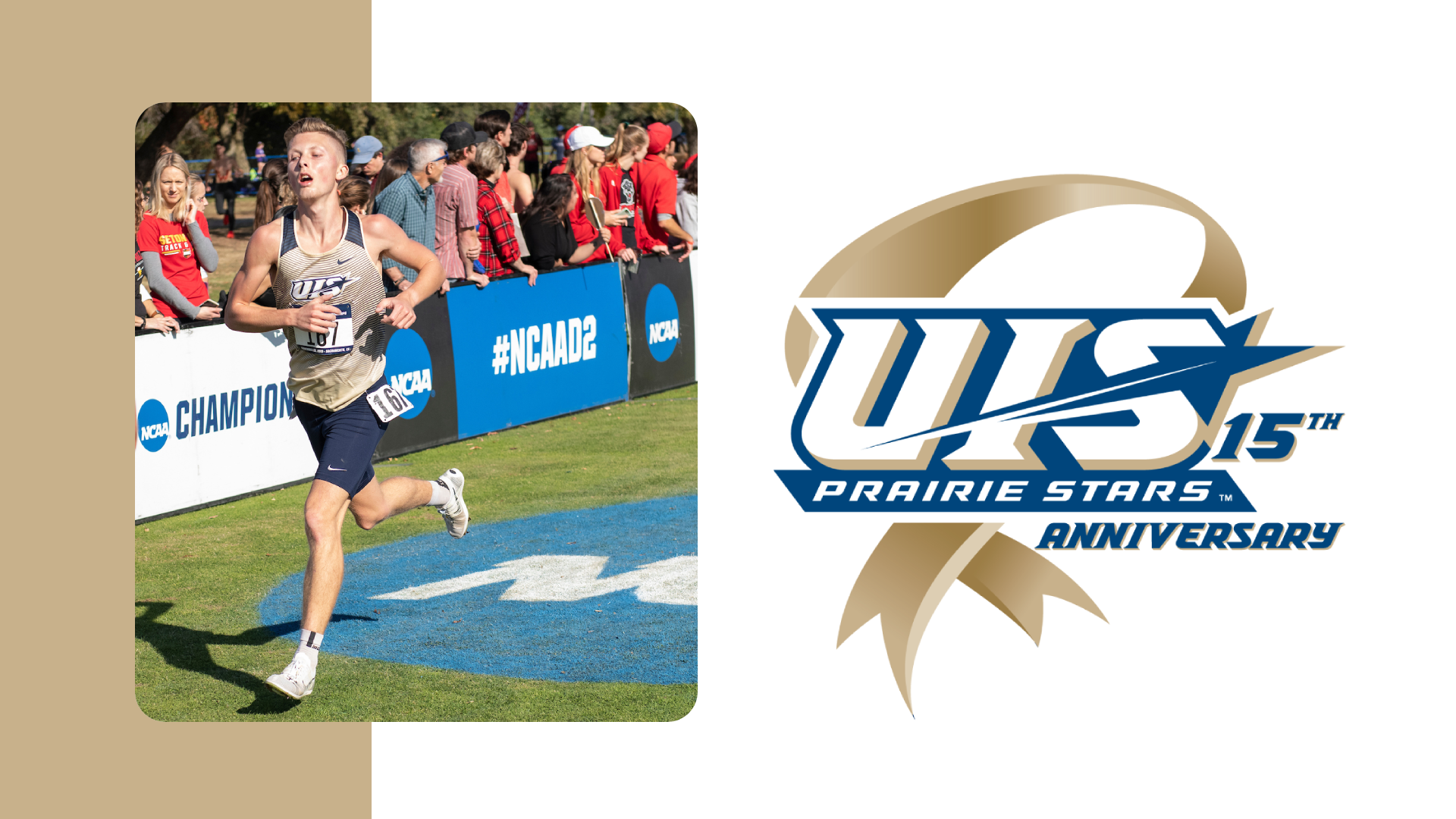 A picture of Blake Jones running at cross country nationals that features the UIS Athletics 15 years of nCAA DII series logo
