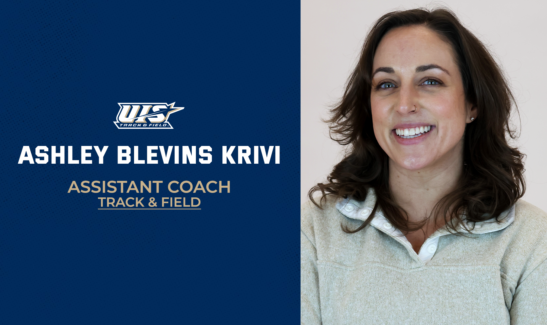 Ashley Blevins Krivi, Assistant Coach, Track & Field, a photo of Blevins, UIS Athletics logo