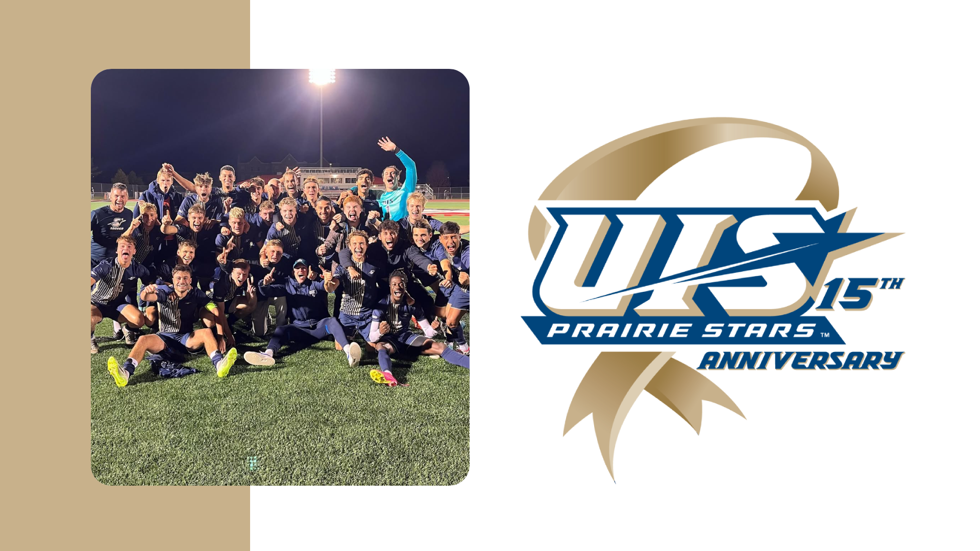 A graphic featuring UIS men's soccer team celebration and logo for UIS Athletics NCAA DII Anniversary series