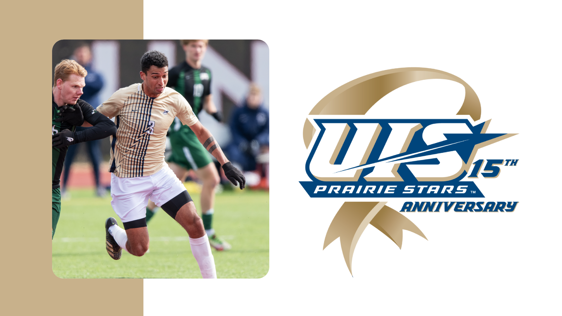 A photo of Adrian Adams playing soccer paired with logo for 15 Years of NCAA