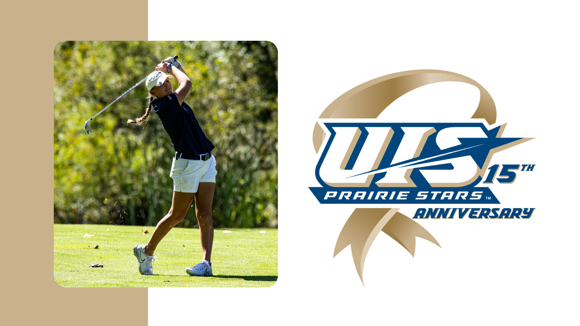 A photo of Elaine Grant golfing paired with logo for UIS 15 Years of NCAA DII recognition series