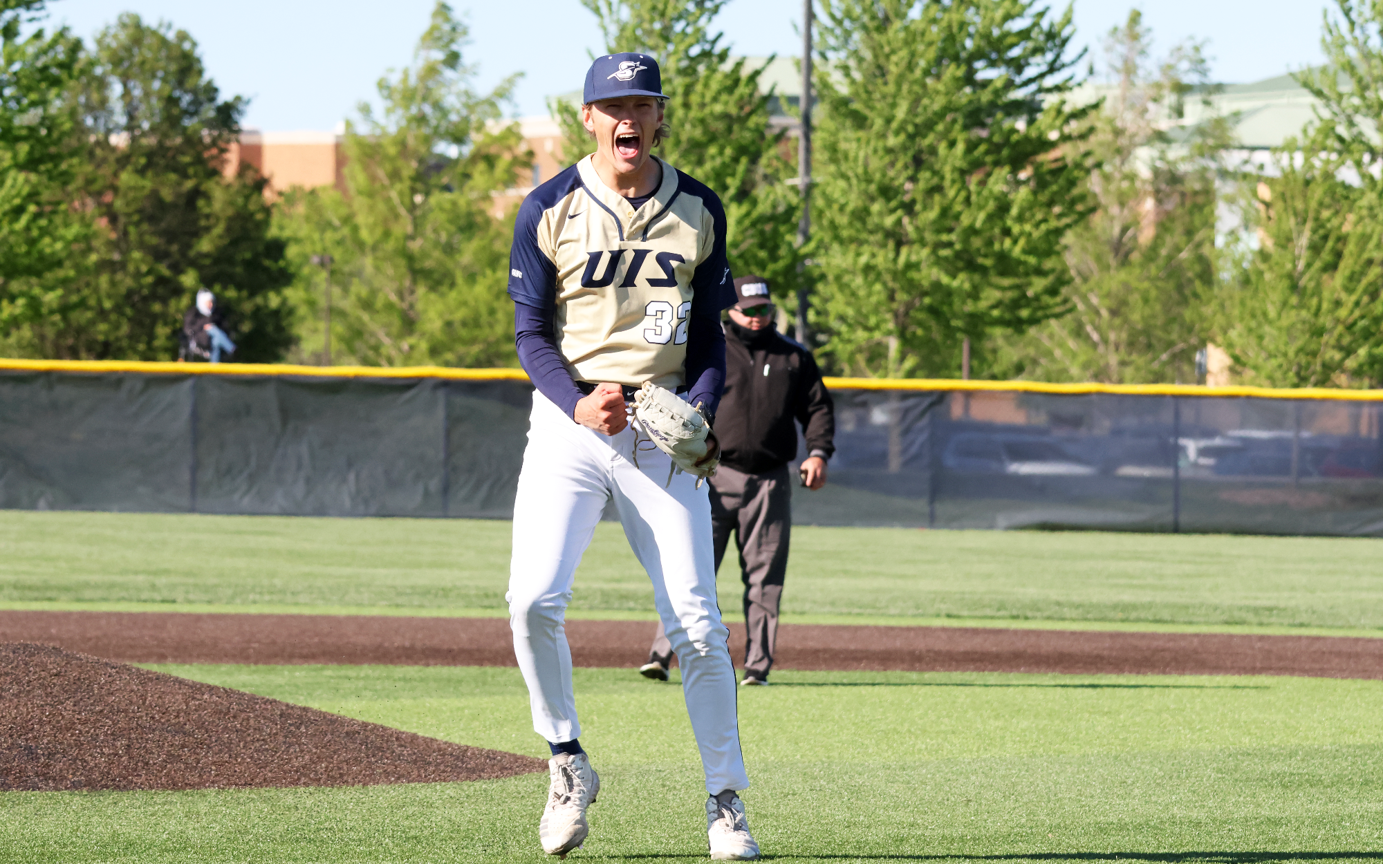 Mark DeCicco celebrating a strikeout at the UIS baseball field