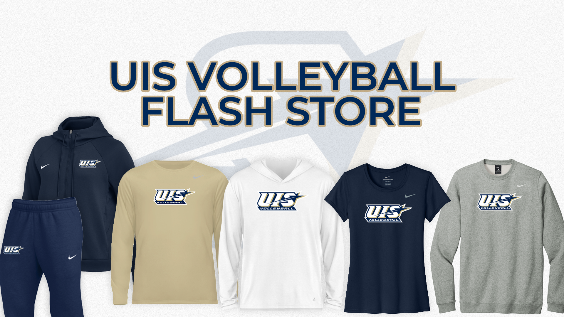 UIS Volleyball Flash Store graphic. Assorted Prairie Stars gear in blue, white, and gray.