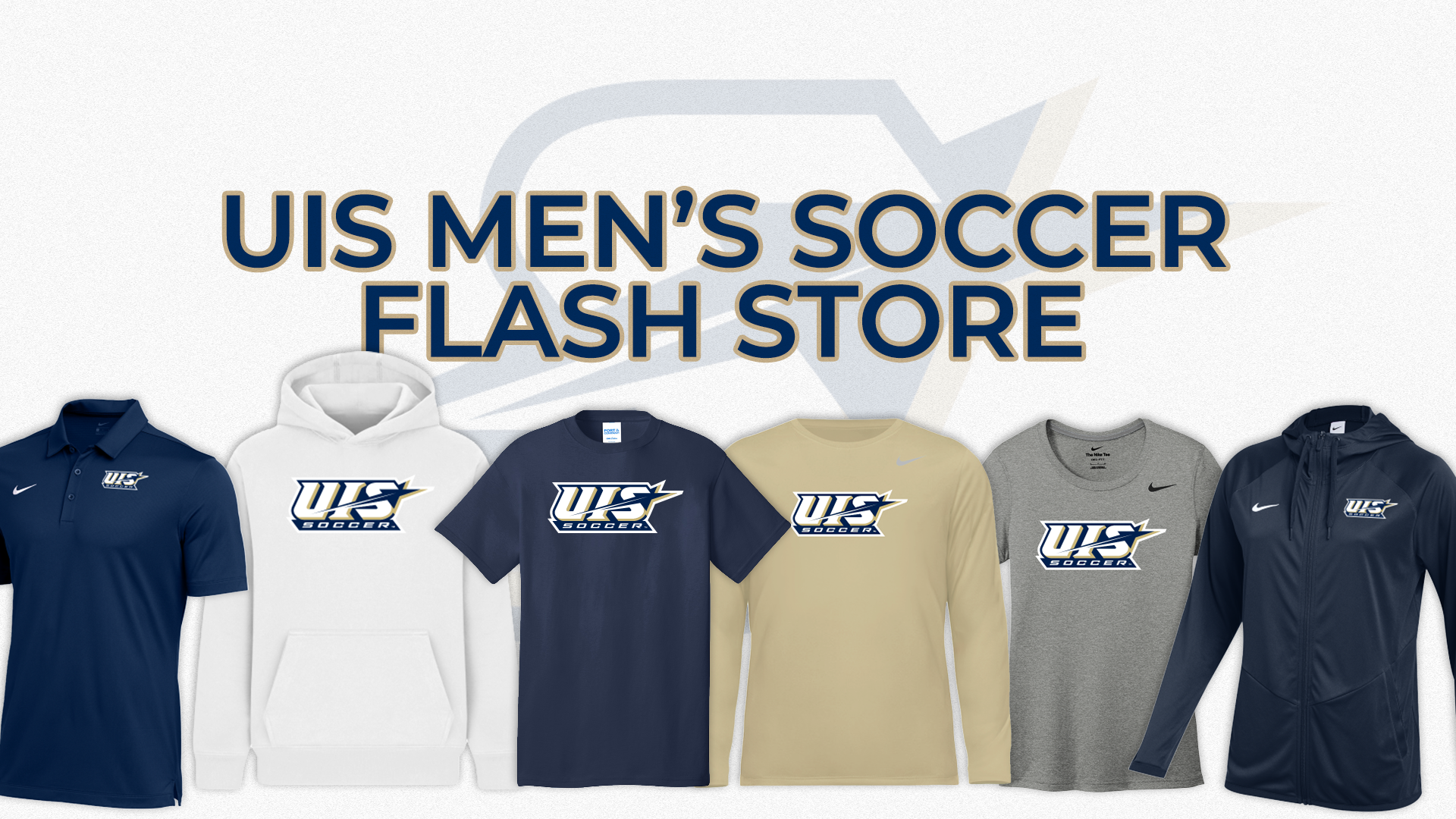 UIS Men's Soccer Team Flash Store graphic, photos of various gear in white, blue, and gold. 