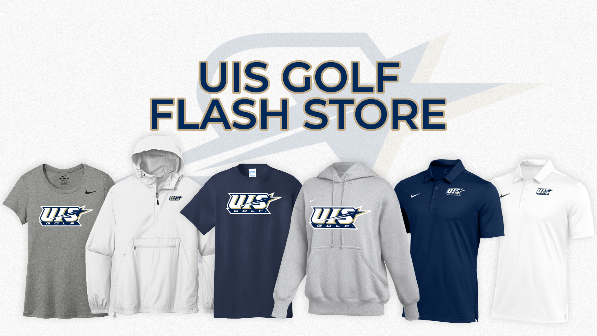 UIS Golf Flash Store graphic. Assorted Prairie Stars gear in blue, white, and gray.