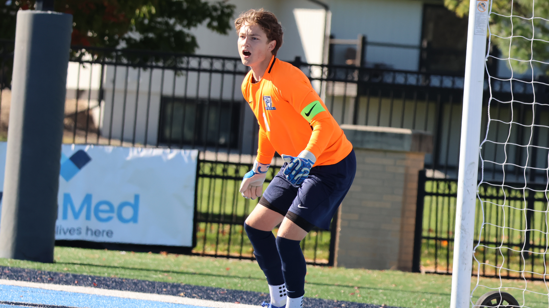 Noah Nymark-Pedersen defending goal vs UIndy 2026