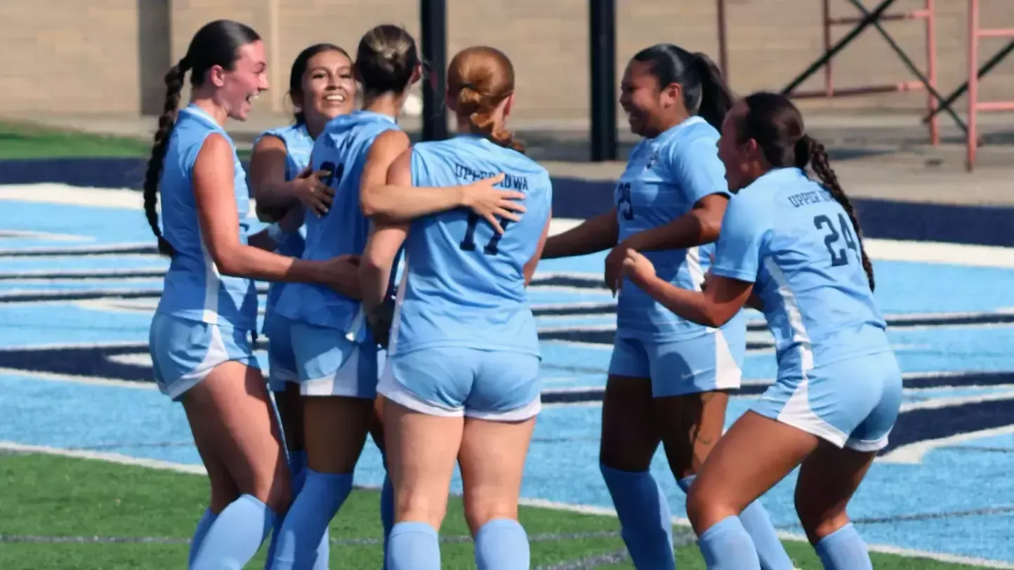 Peacock women's soccer team celebration after game-tying goal vs. Roosevelt 2026