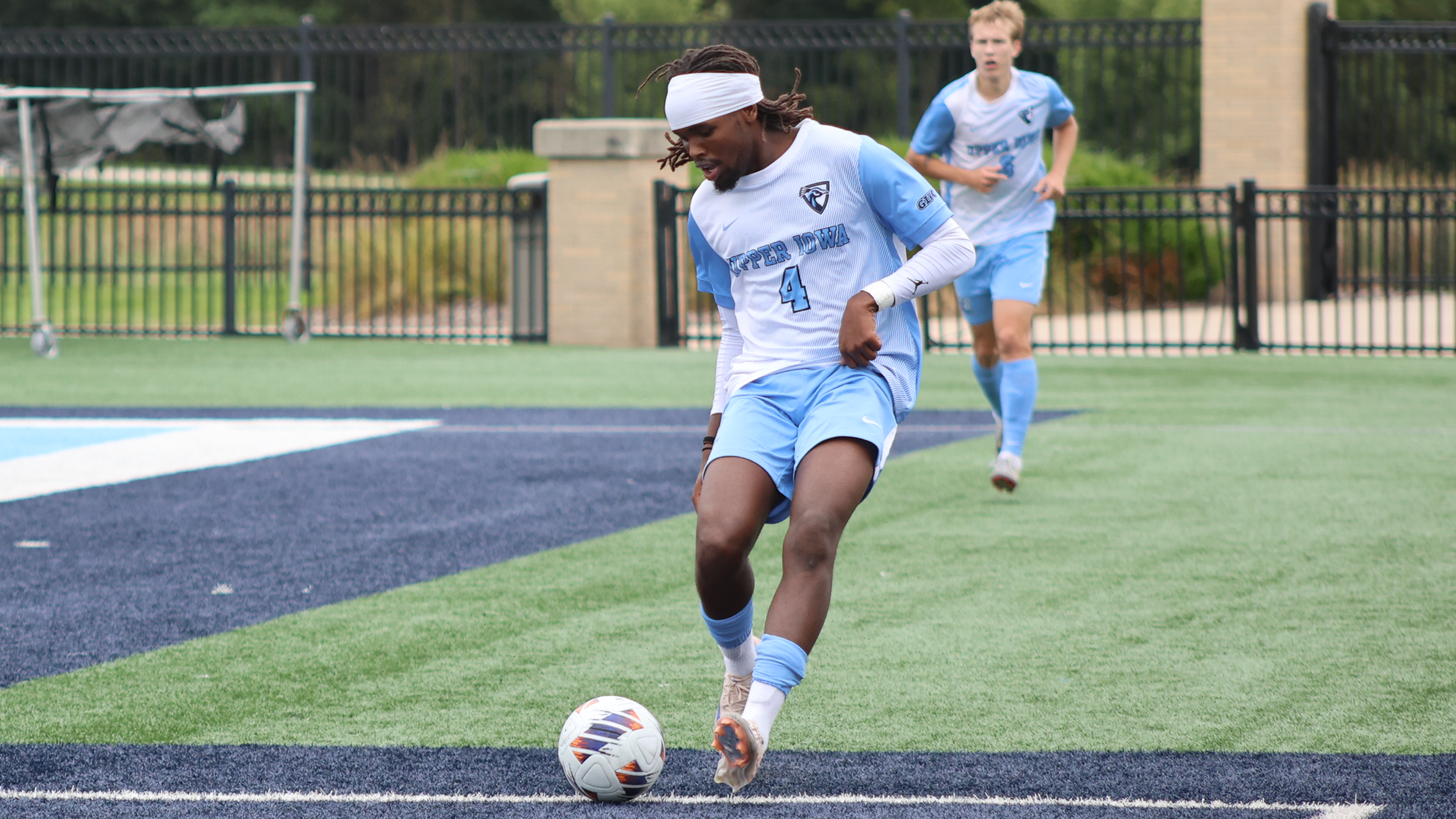 Jeremiah Goko kicks soccer ball vs Rockhurst 2026