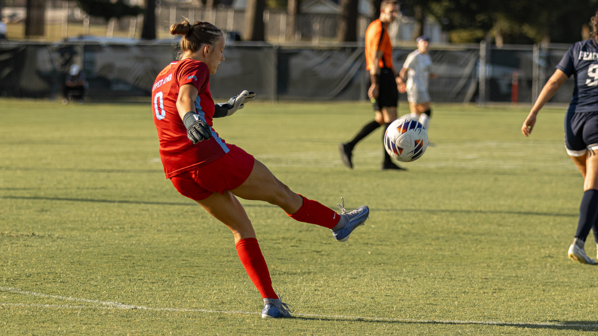 Avery Harding kicking the ball vs. Missouri S&T 9/4/26