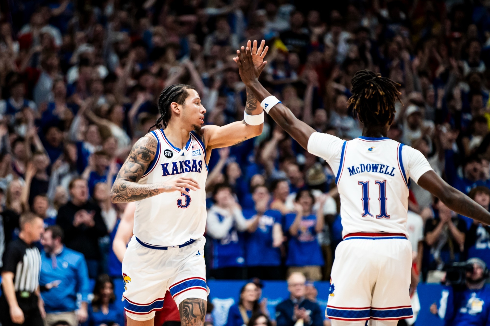 Kansas Jayhawks vs Iowa State Cyclones basketball action at Allen Fieldhouse January 13 2026 Big 12 conference game