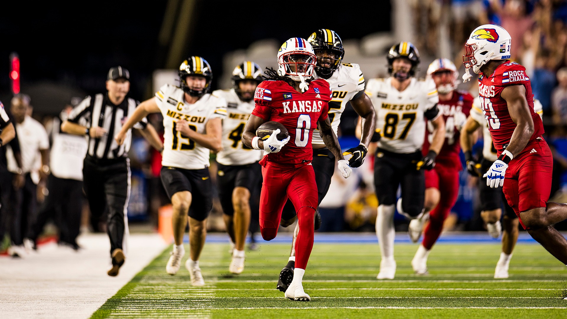 Missouri and Kansas players during the September 11 2026 Border Showdown in Lawrence