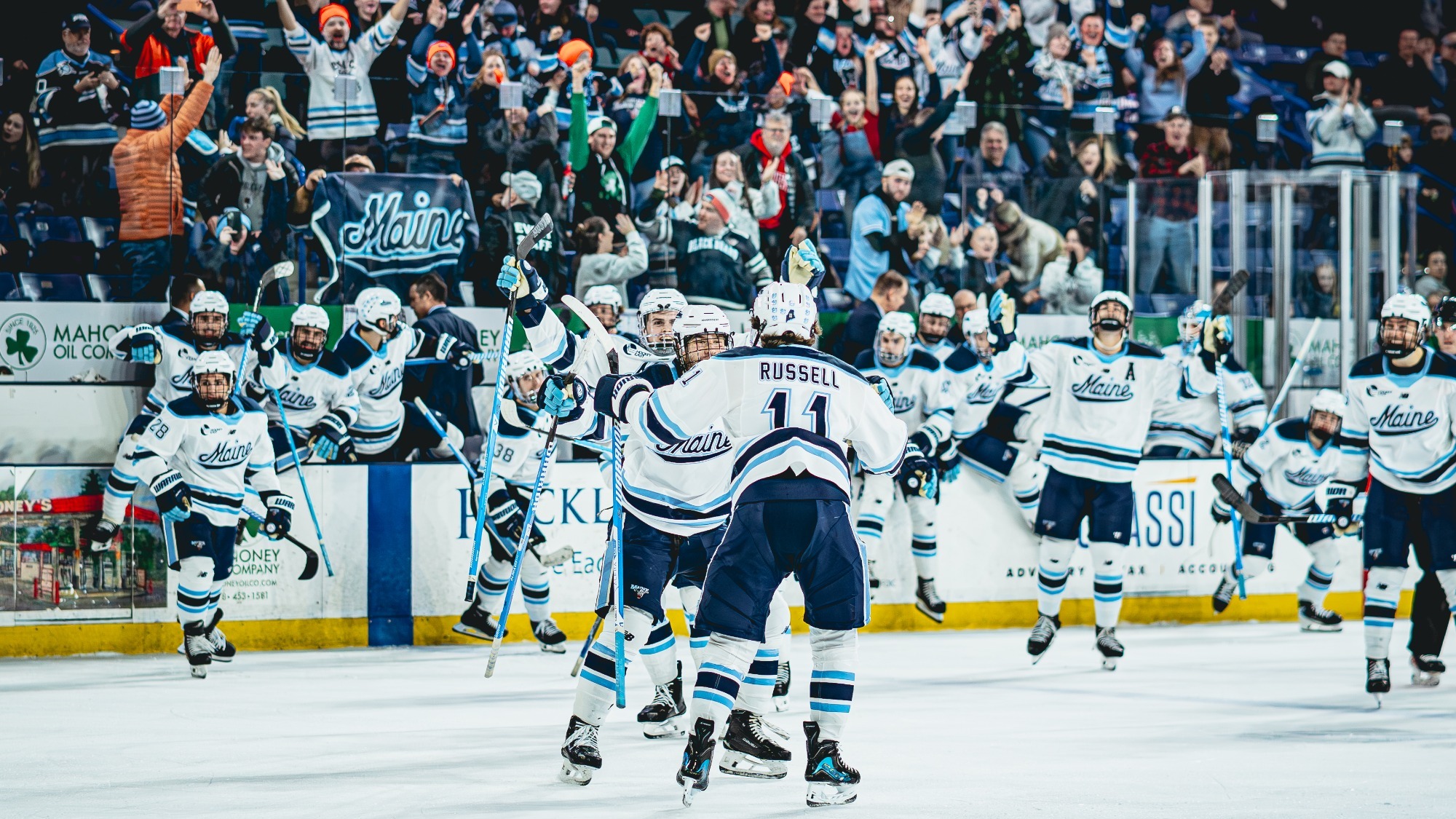Maine men's hockey celebrates a goal
