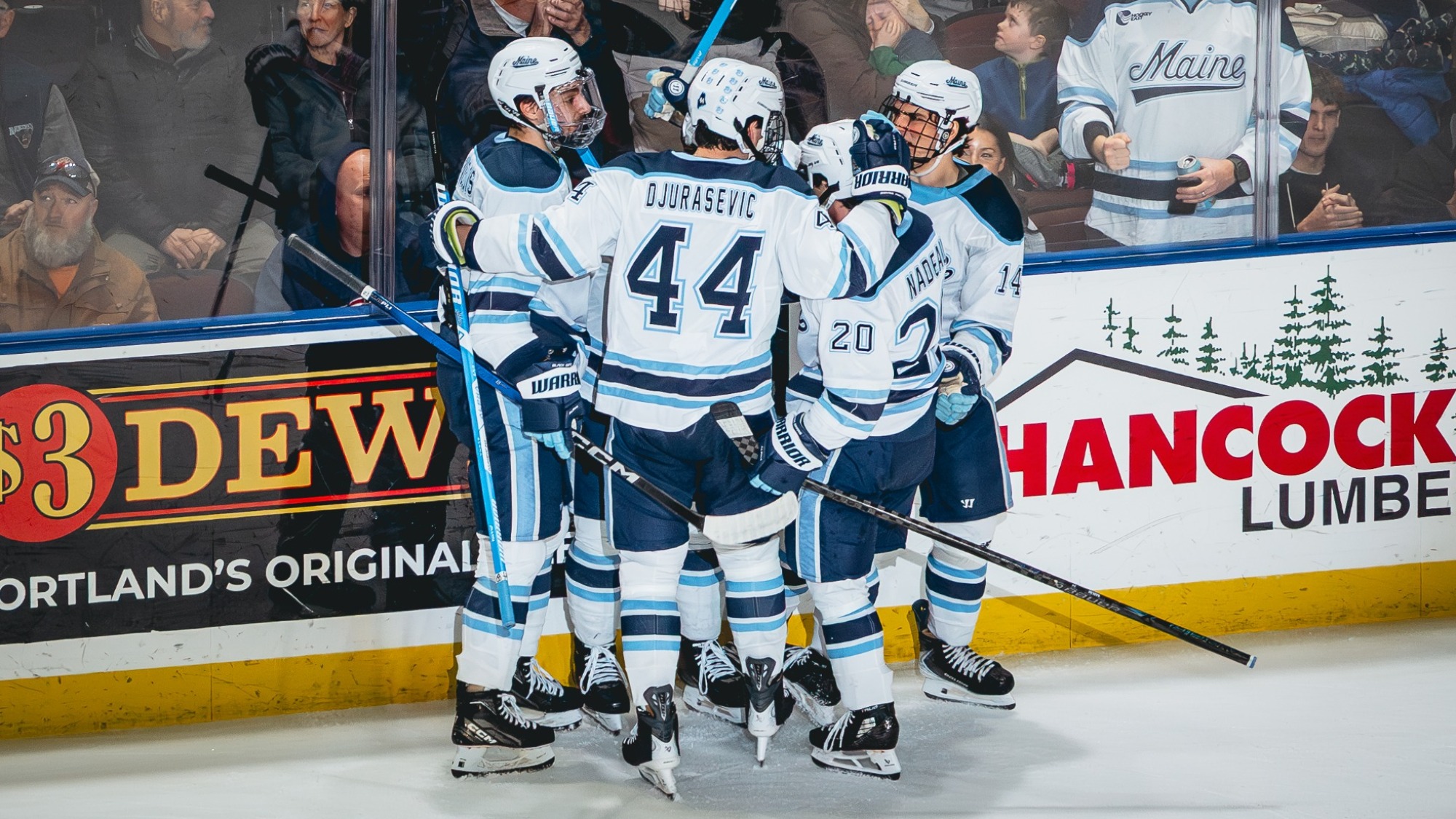 Maine men's hockey celebrates a goal.
