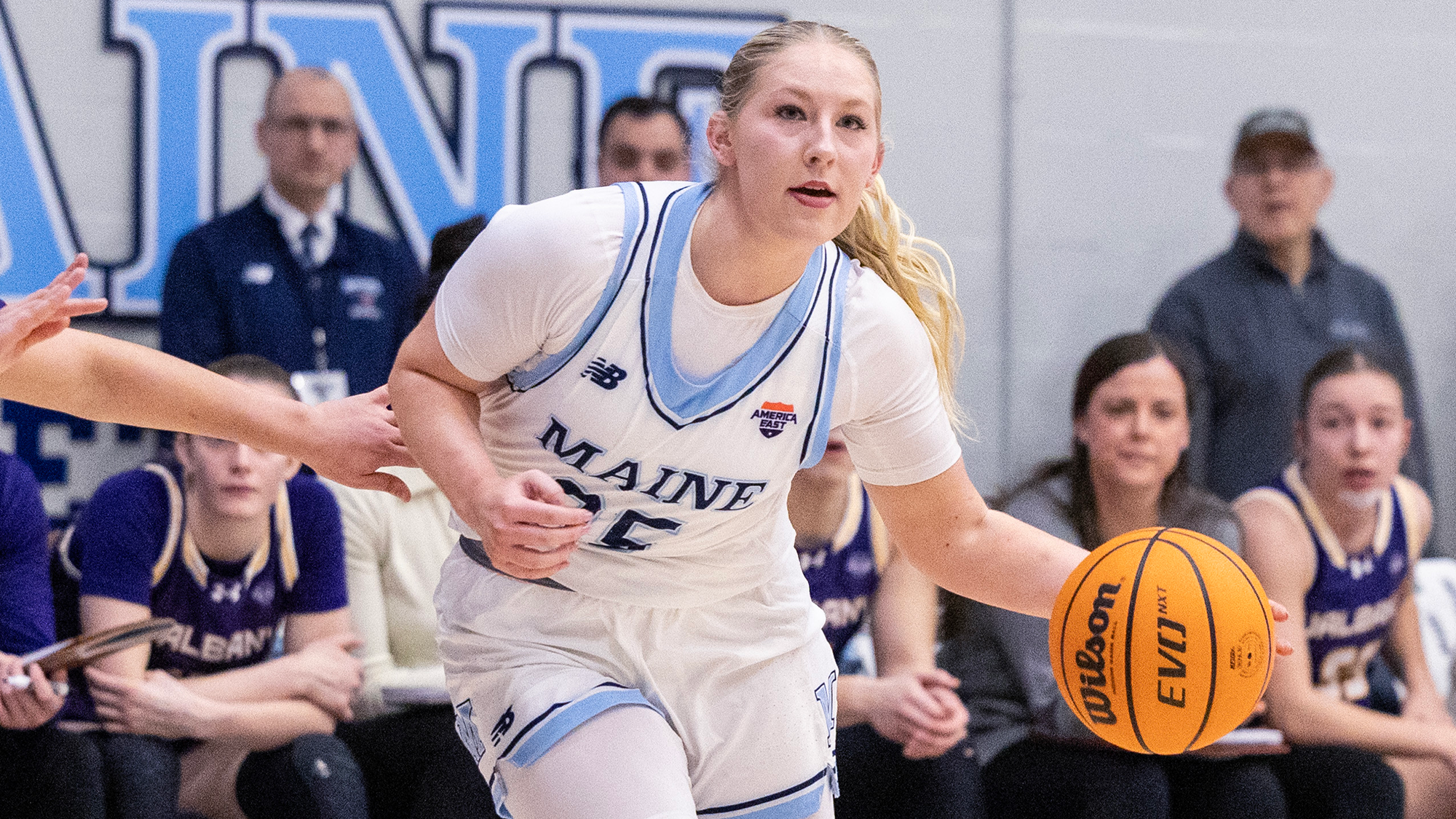 Lala Woods dribbles the ball against UAlbany