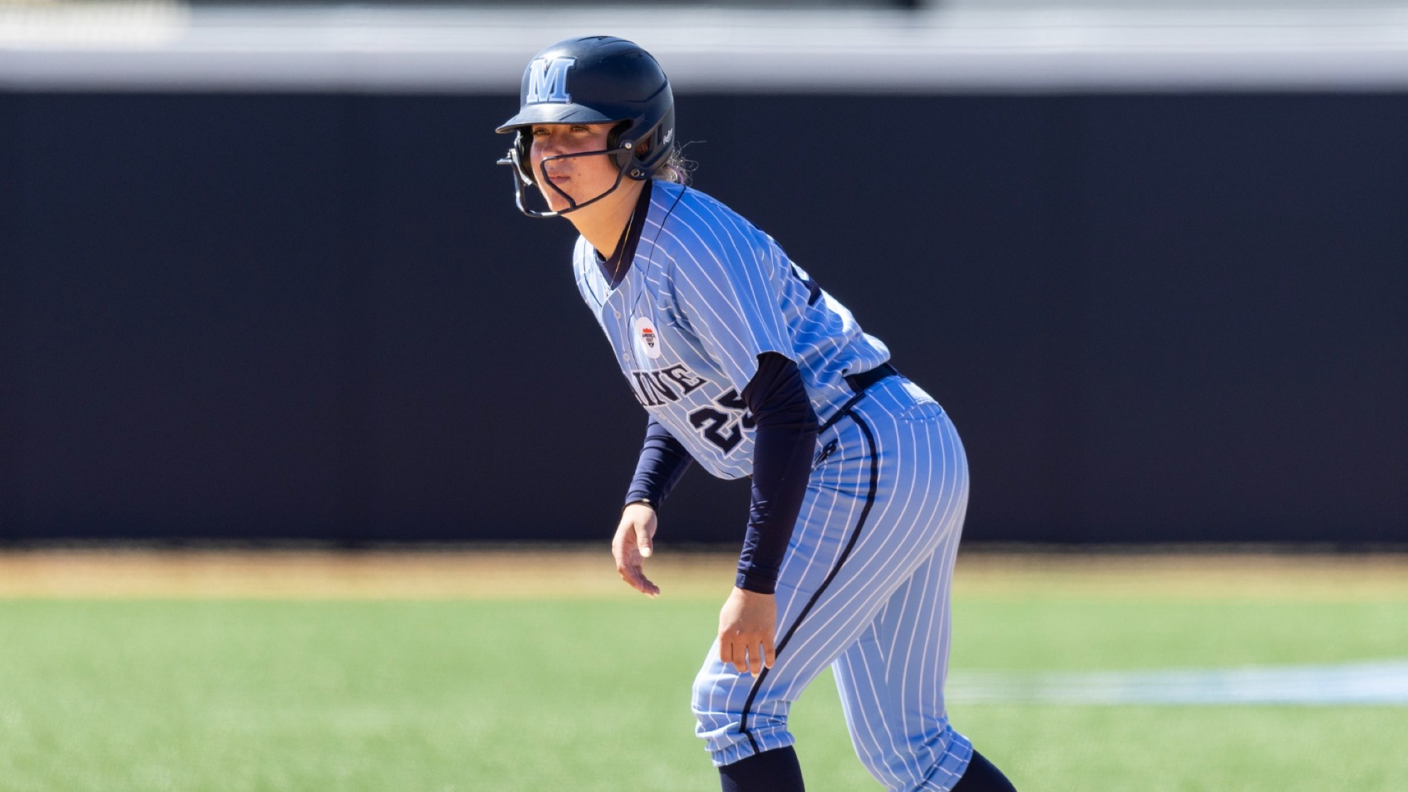 Laura Craska gets in the ready position on second base.