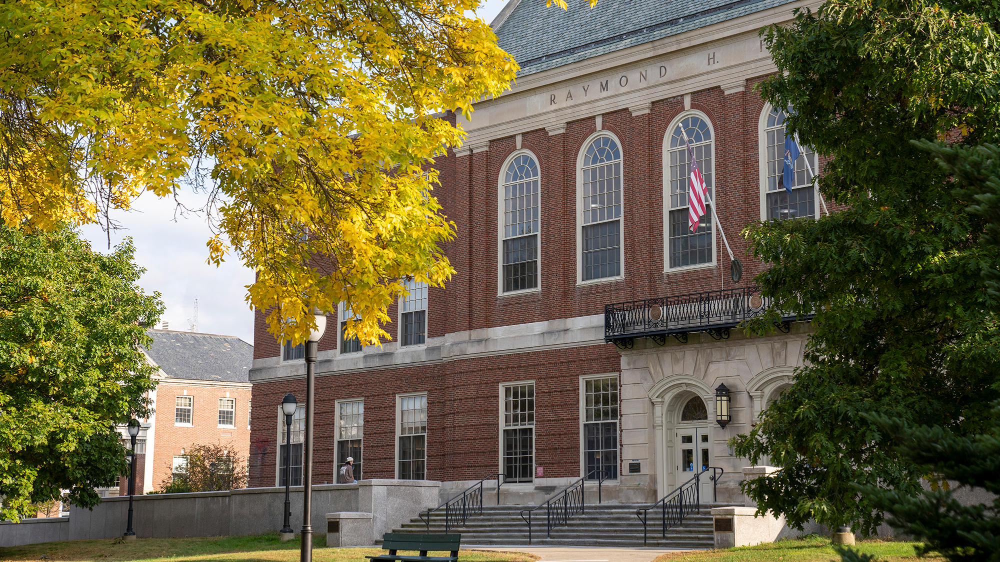 An image of Fogler Library in the fall. 