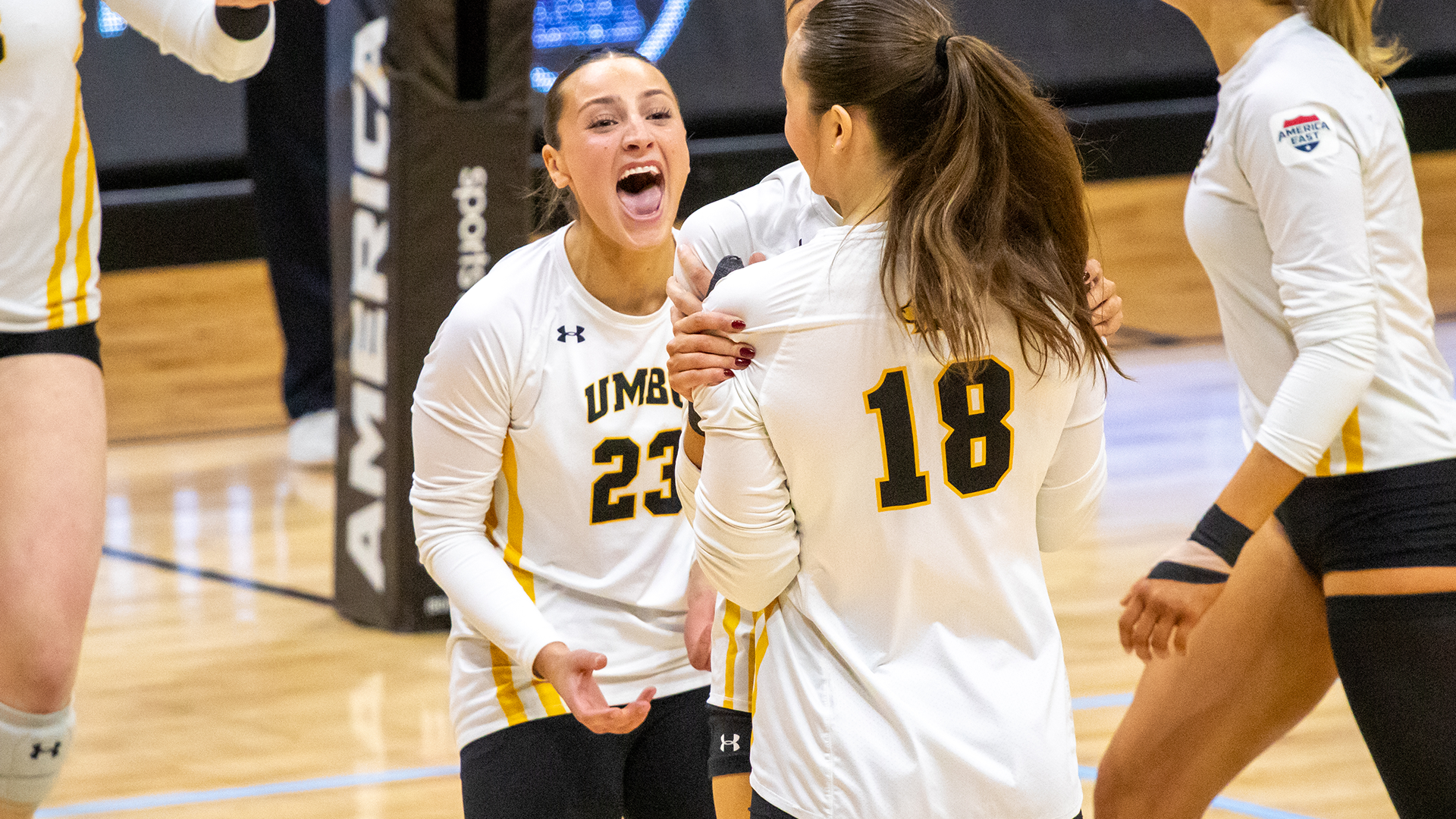 Ella McAllister Celebrates a point against Binghamton