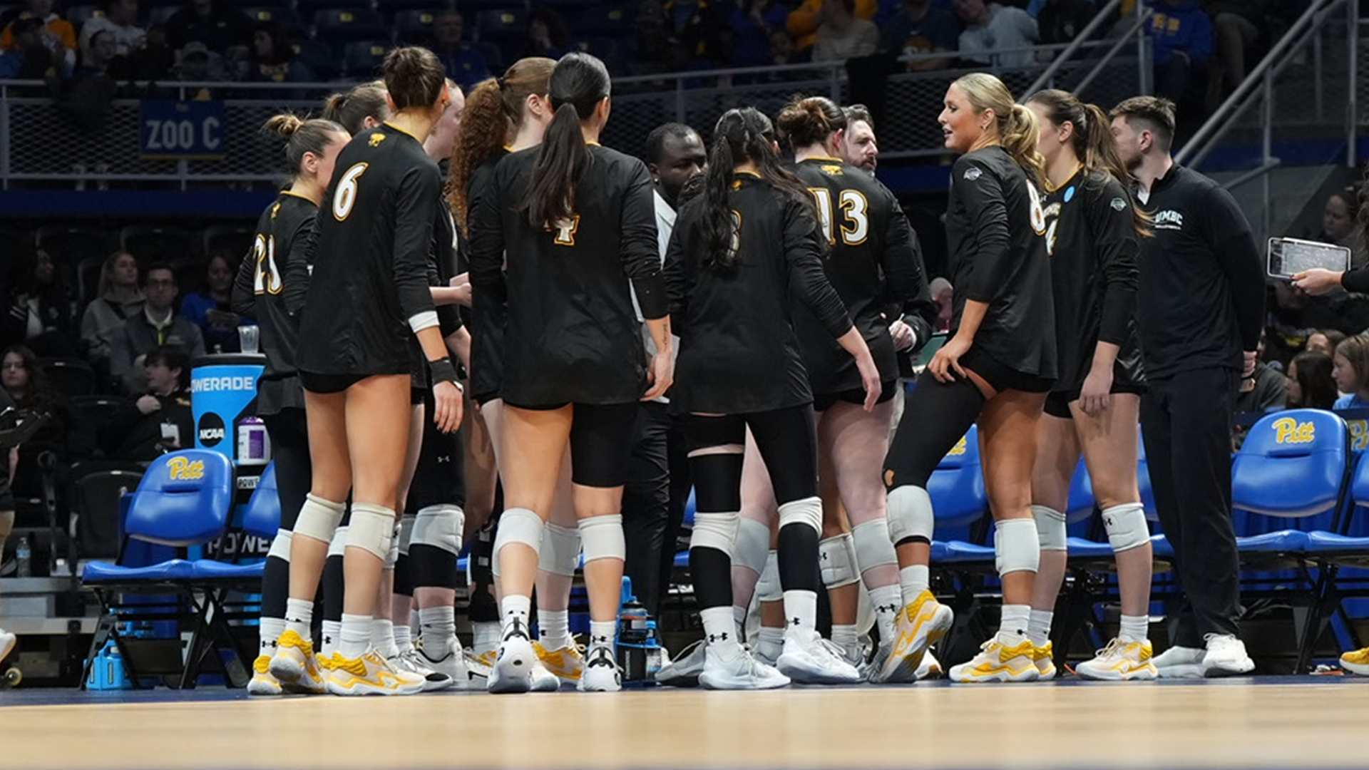 UMBC huddles in the NCAA Tournament at No.4 Pitt