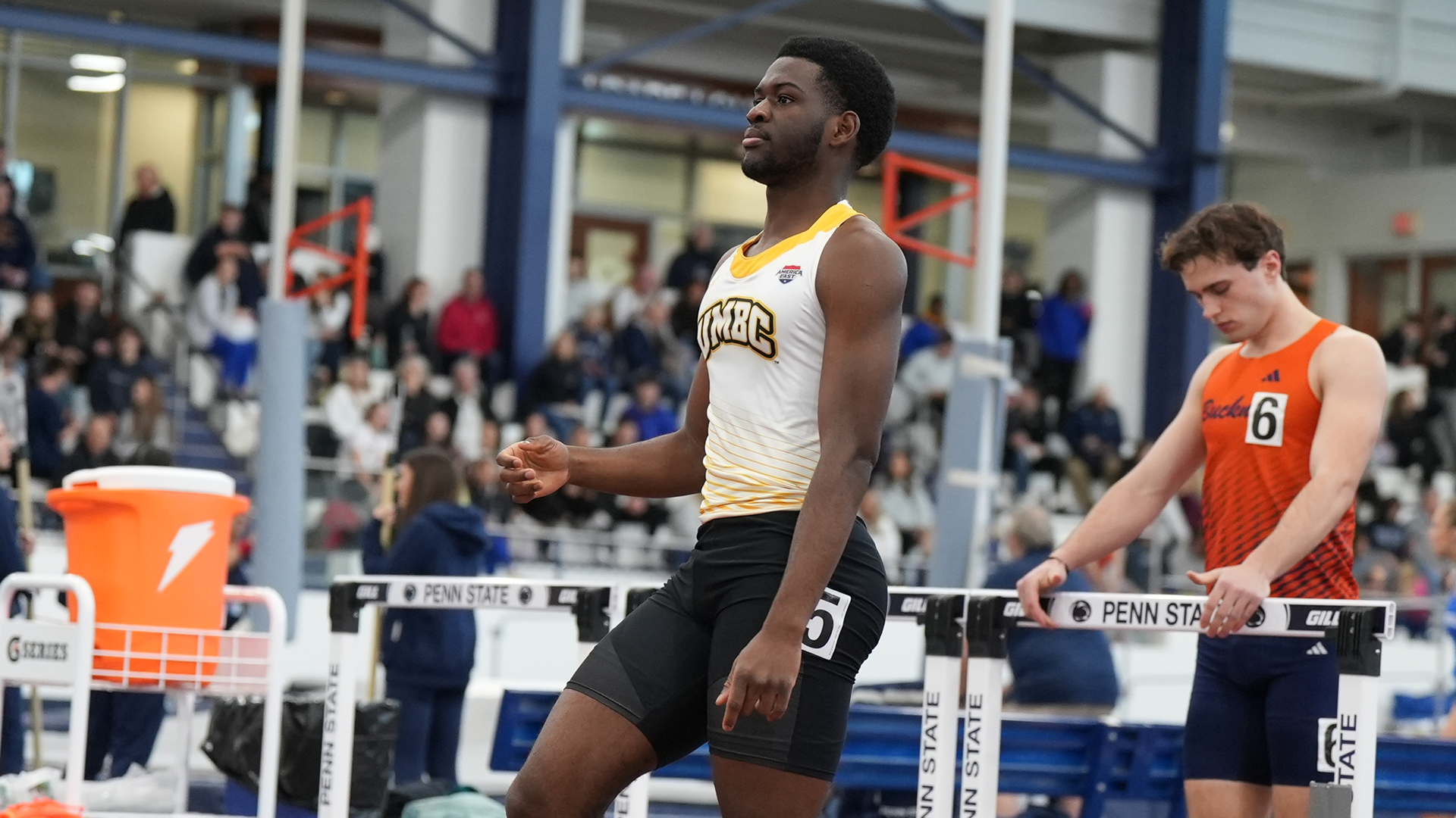 Ojigwe Olua finishes a race at Penn State