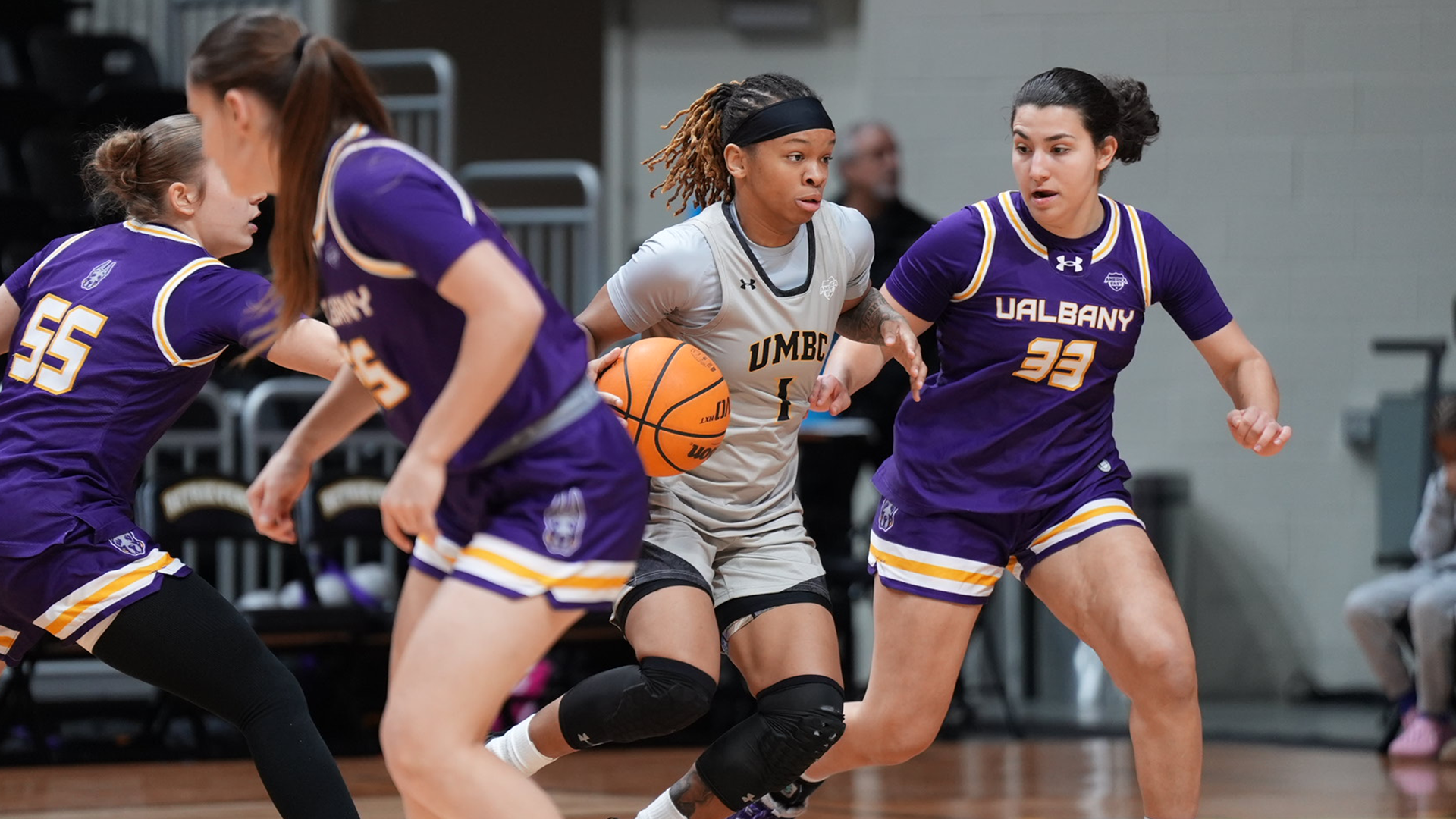 Tiara Bellamy dribbles against UAlbany
