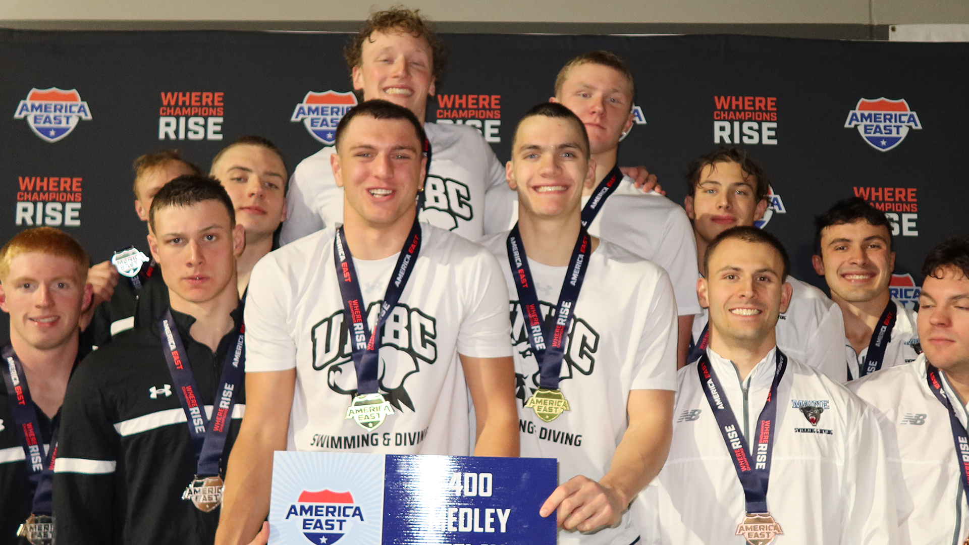 UMBC Poses with its 400 Medley Relay Gold