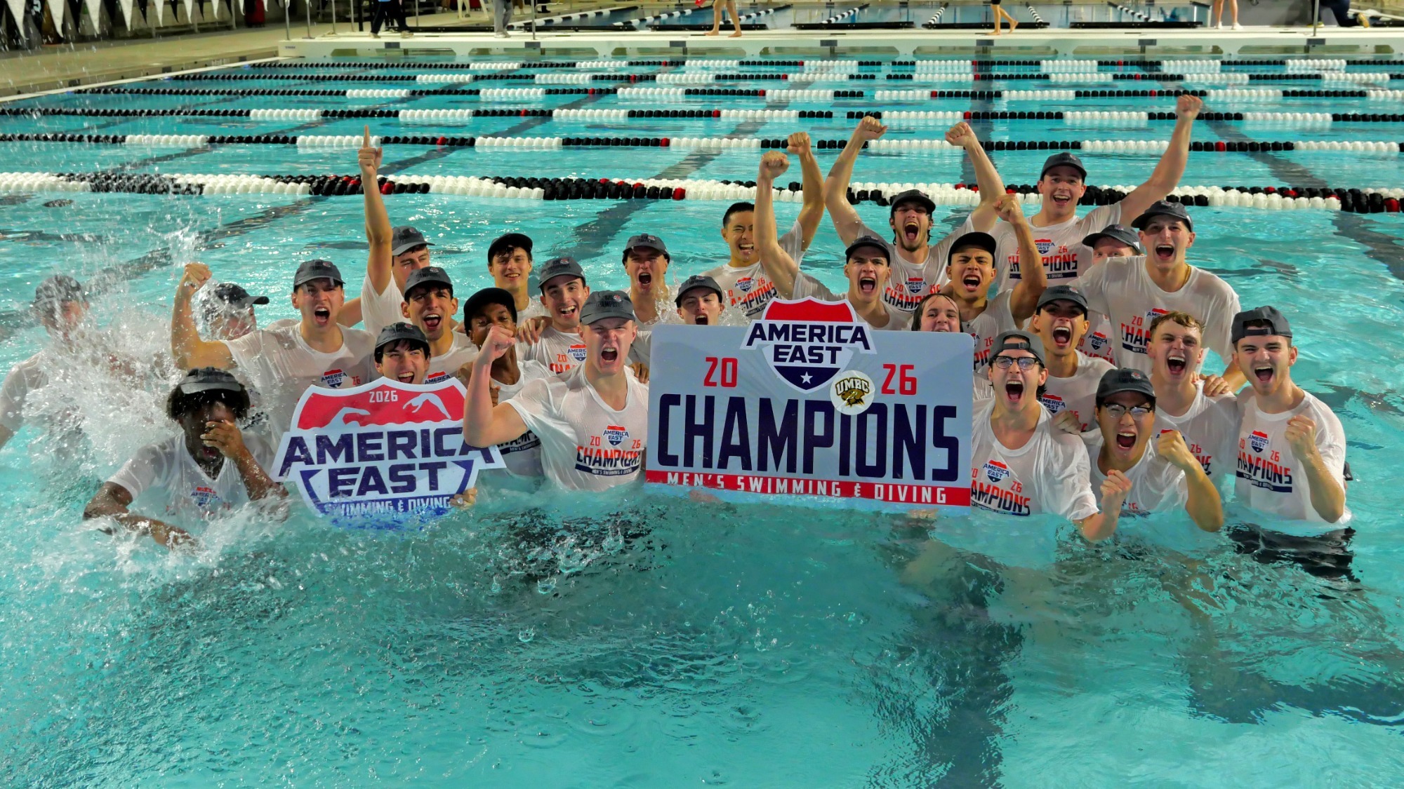 UMBC Swim and Dive team during the final day of the America East Championships held at VMI in Lexington, VA February 21, 2026. UMBC Men's won the team championship.  (Randall K. Wolf)