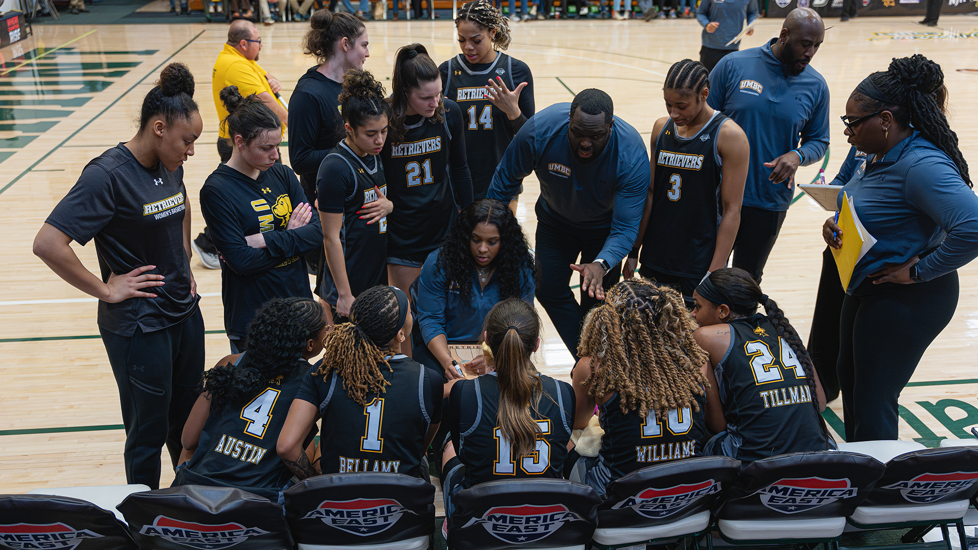 UMBC huddles at Vermont during a timeout