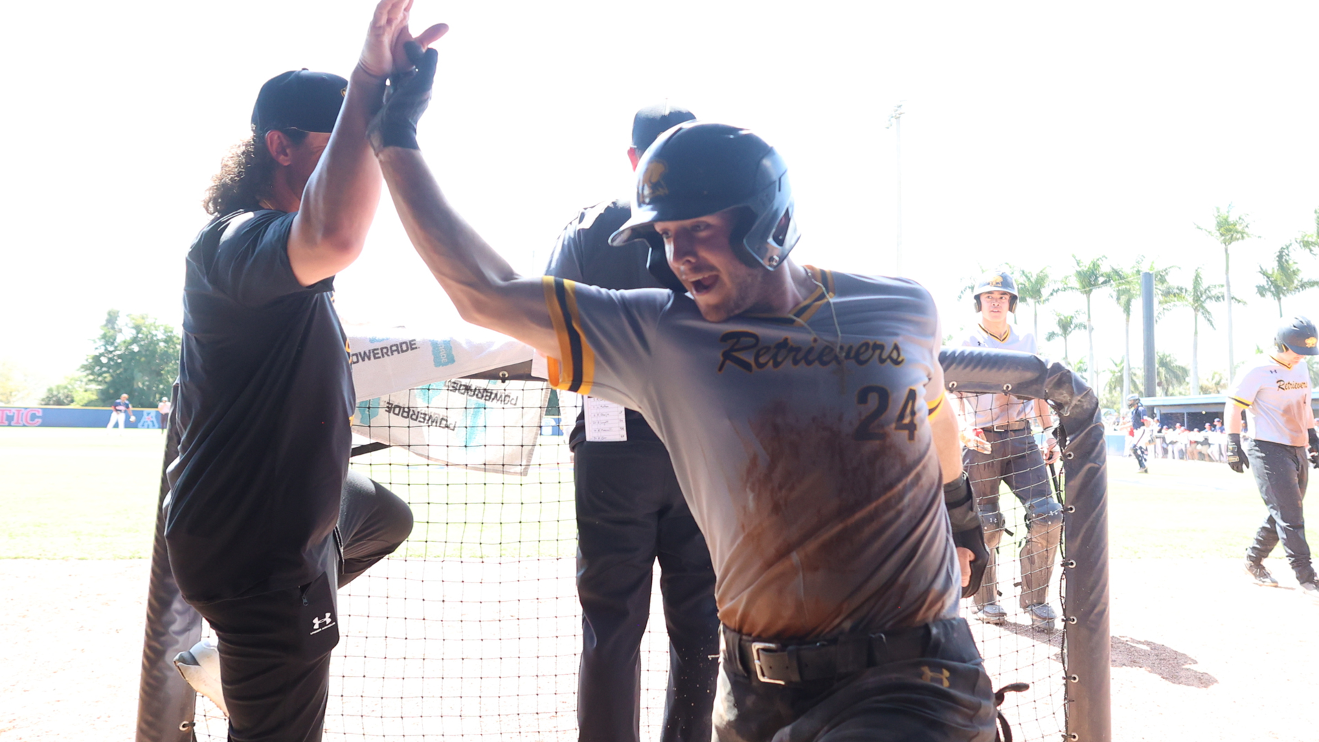 Danny Wyatt gives a high-five in the dugout after scoring a run at FAU