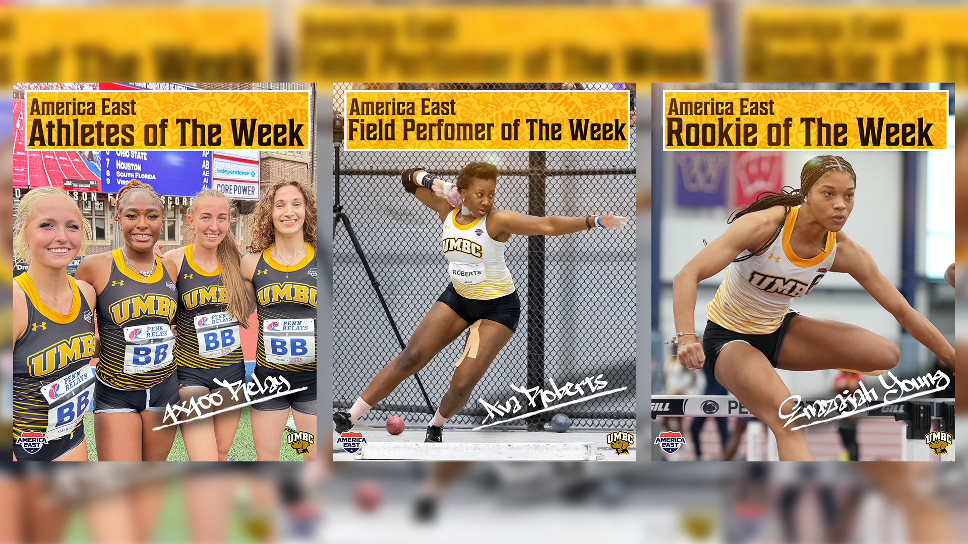 The UMBC Track 4x400 relay team, Ava Roberts and Enazajah Young all earned America East weekly honors