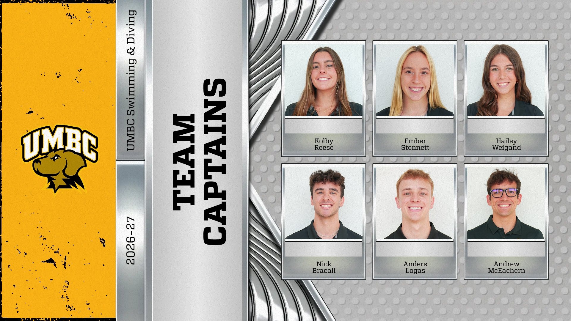 UMBC Swimming & Diving announced its team captains for 2026-2027: Kolby Reese, Ember Stennett, Hailey Weigand, Nick Bracall, Anders Logas, Andrew McEachern