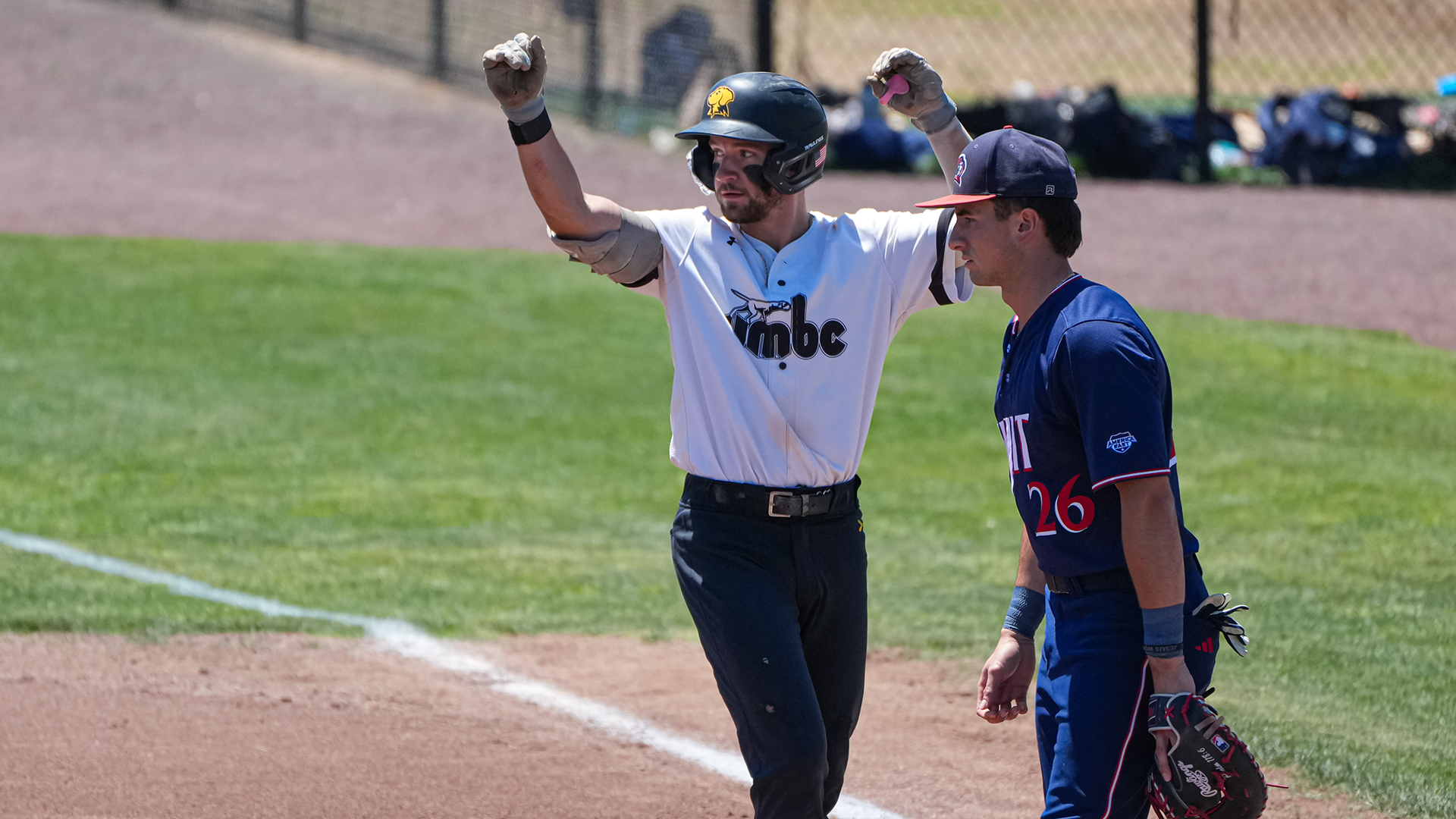 Dylan Melton celebrates an RBI single against NJIT