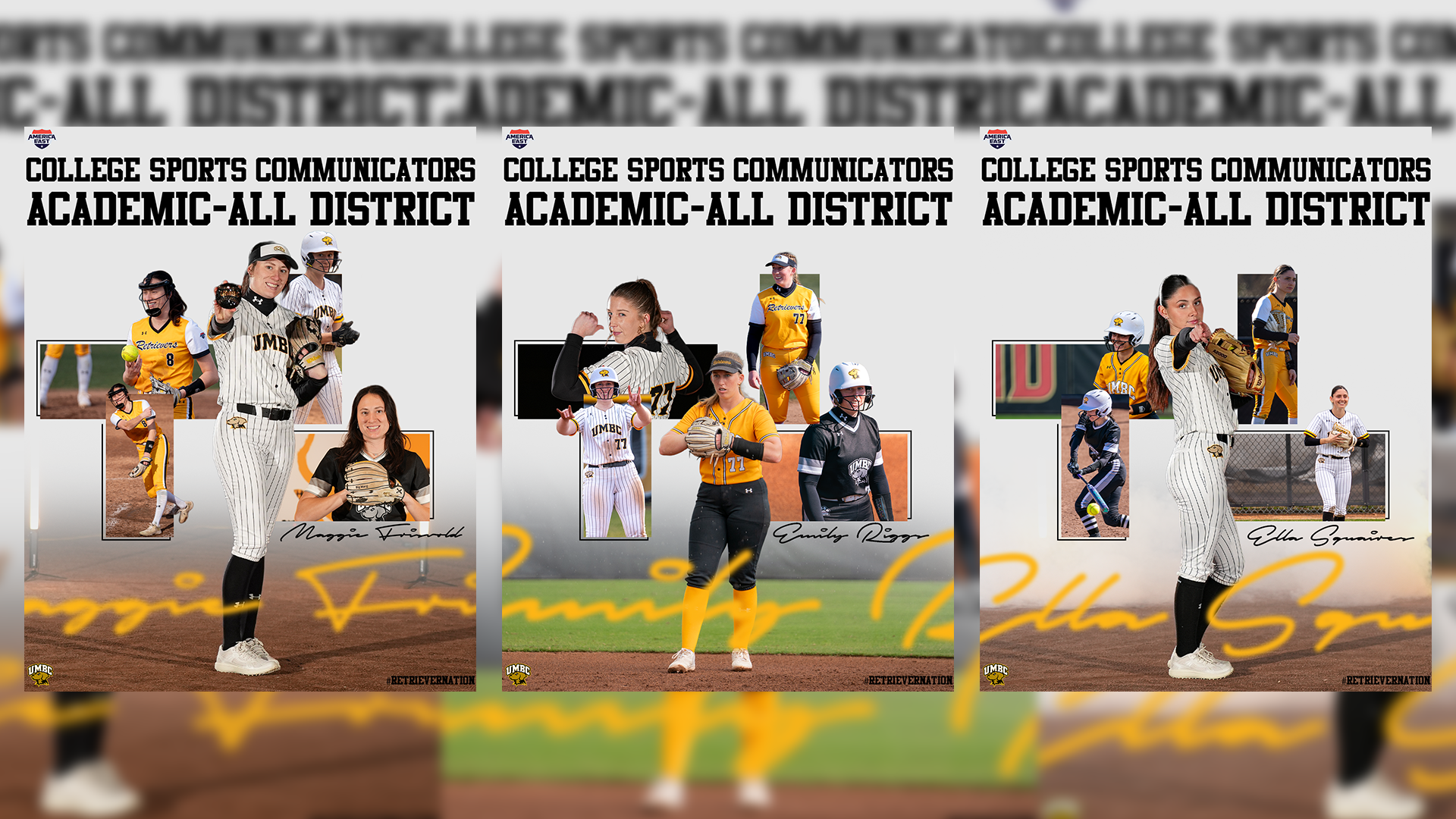 UMBC Softball's Maggie Frisvold, Emily Riggs and Ella Squaires were all named CSC Academic All-District