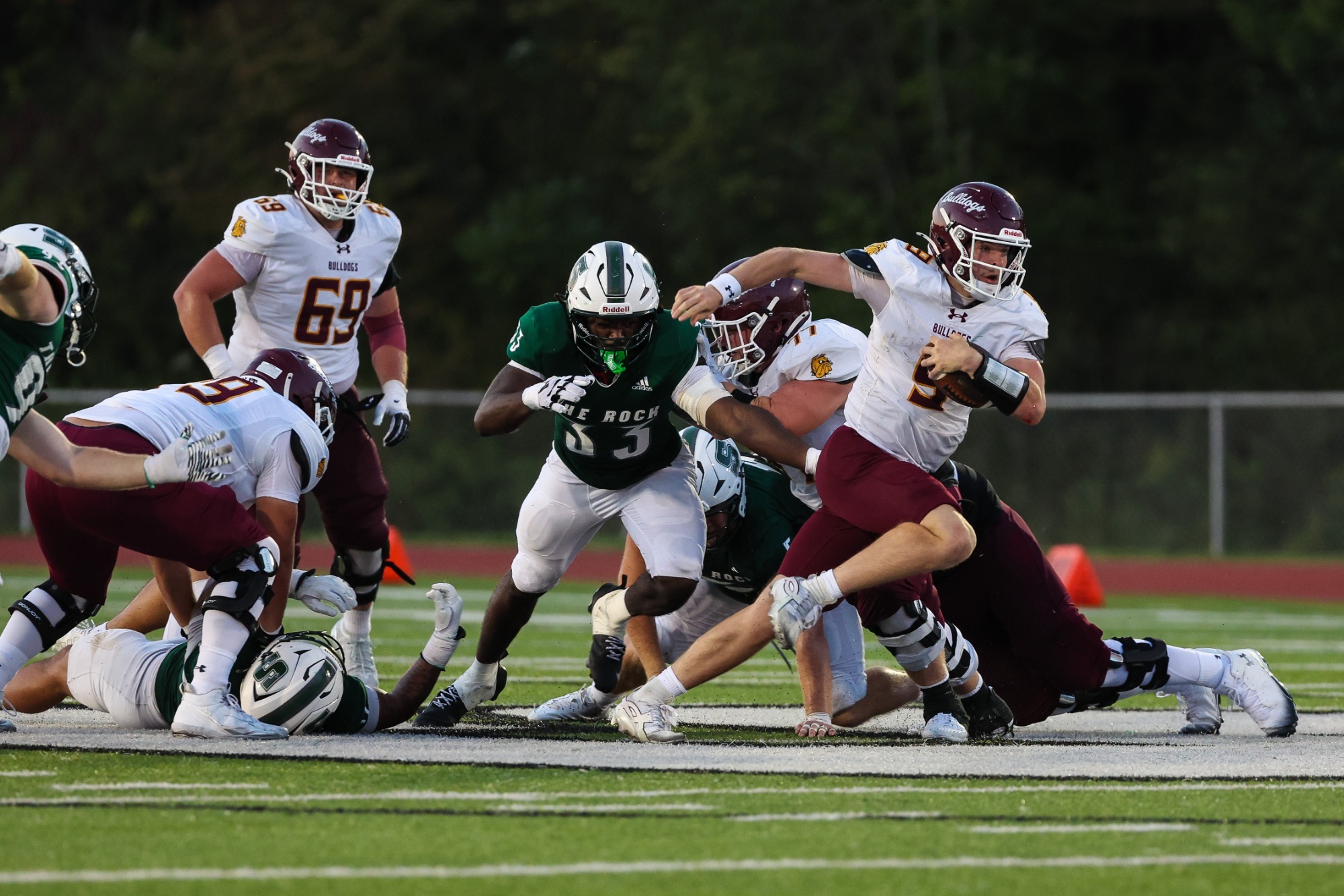 Eggert breaking a run against Slippery Rock