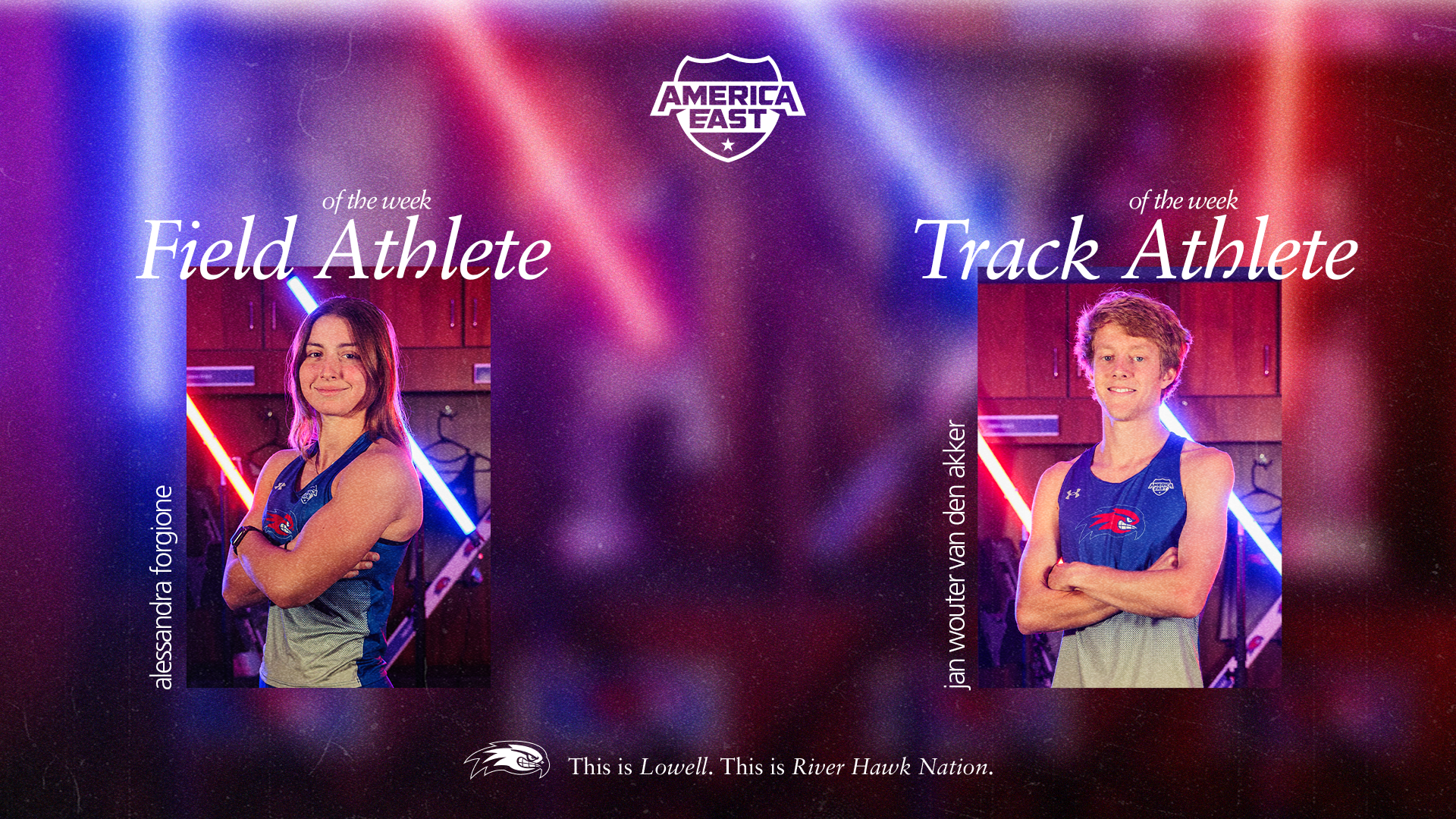 Graphic of Alessandra Forgione and Wouter van den Akker for Earning America East Weekly Awards.