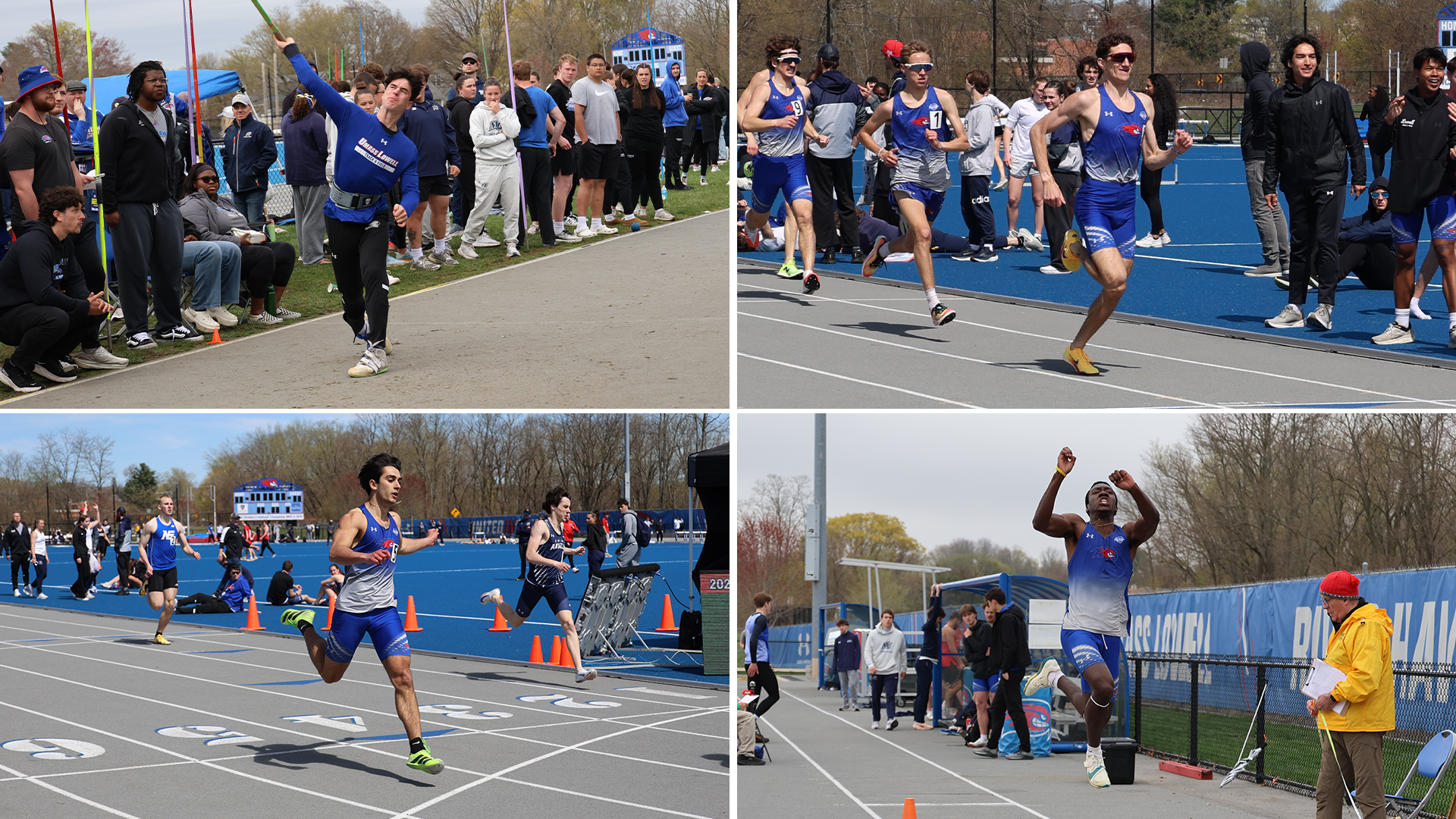 Collage of Nate DeAngelo Running, Rere Edokpolo Jumping, Jacob Tucker Throwing Javelin, and Anthony Massari Running